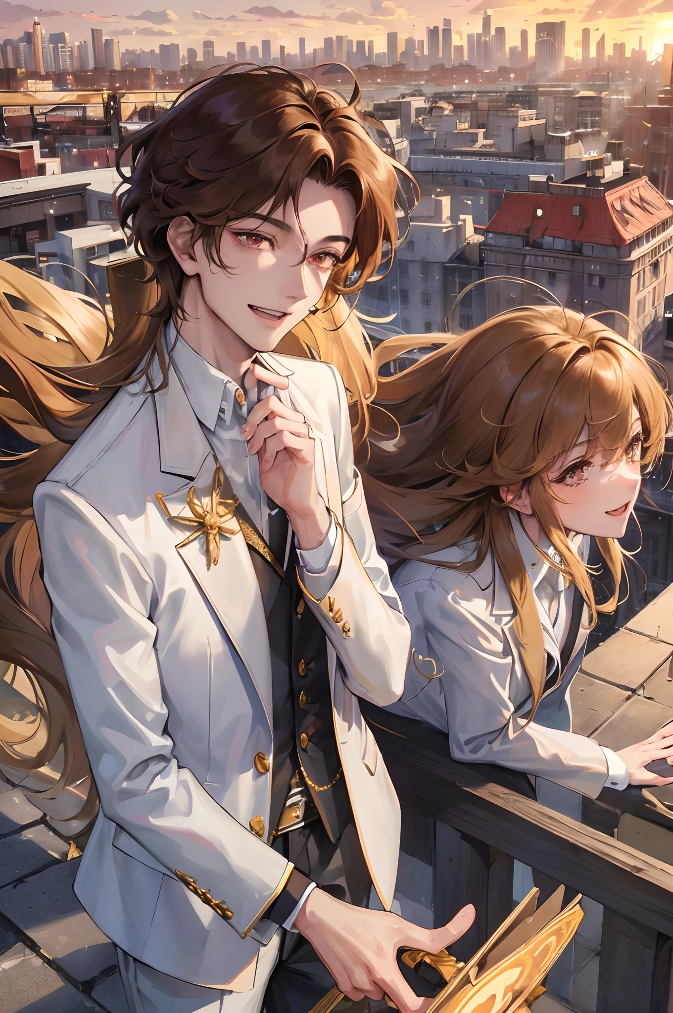 Official fine art，tmasterpiece，Sharp focus，（Handsome and dashing teenager：1.3），（Sunny and cheerful Chinese：1.3），Chinese handsome，Delicate and beautiful hair and eyes and face，realisticlying，ultra - detailed，Handsome boy，blue-sky，Glowing white particles,(side-lighting:1.2),rays of sunshine,baiyun,Detailed clouds,Slender,,Toothy laughter,((Laugh and open your eyes)),scenecy,A brown-haired, Cheerful facial expressions, buliding, (Cityscape:1.7), Dynamic hair, curly brown hair, Delicate brownish-yellow hair, Glowing red eyes, (White suit), Black trousers, paleskin, Lunette de soleil, epic landscapes,