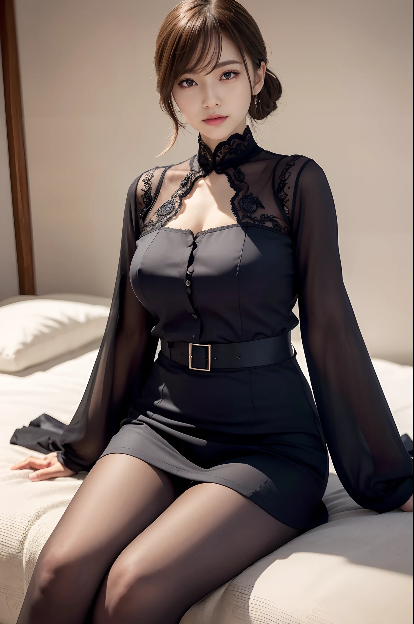 Upper class girl in elegant formal dress of random color、(Wearing pantyhose)、A sly smile、embarrassed from、Embarrassing、Sitting in bed、raw,(8K、top-quality、masterpiece:1.2)、(intricate detailes:1.4)、(Photorealsitic:1.4)、octane renderings、Complex 3D rendering ultra detail, Studio Soft Light, Rim Lights, vibrant detail, super detailing, realistic skin textures, Detail Face, Beautiful detail eyes, Very detailed CG Unity 16k wallpaper, make - up, (detailedbackground:1.2),shinny skin、Exposed thighs!!!