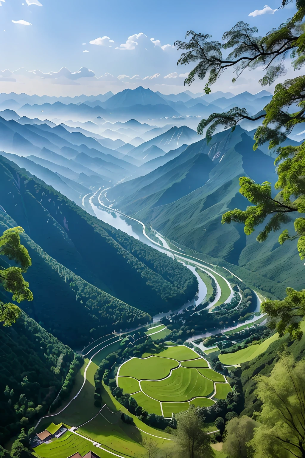 The Seven Peaks of the Hanging Mountains，Thirty-six small peaks，Towering over the landscape，In the middle is the sunken bottom。Valley herbs，Green grass，Towering trees，The pavilion shades the sky