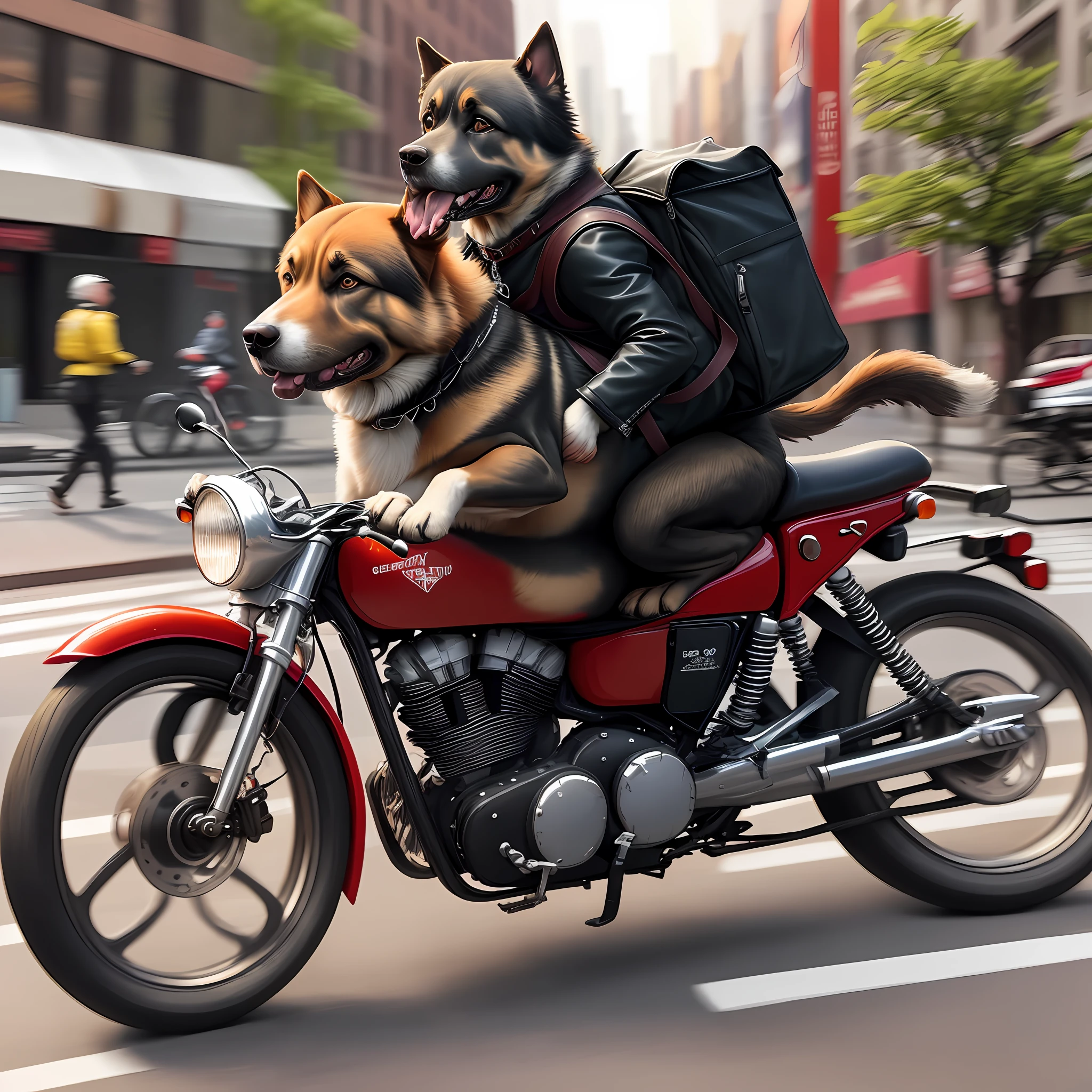 A large breed dog, German Shepherd, is riding a red motorcycle, speeding through the streets of New York City. He's wearing a black leather jacket and helmet, sunny weather, and has a delivery bag slung over his back. The backpack is full of packages, and the dog is struggling to keep it steady as he runs. People on the sidewalks look at the dog in awe, and some even take pictures. The dog is loving the attention, and he runs even faster, happy to be the fastest delivery boy in town.