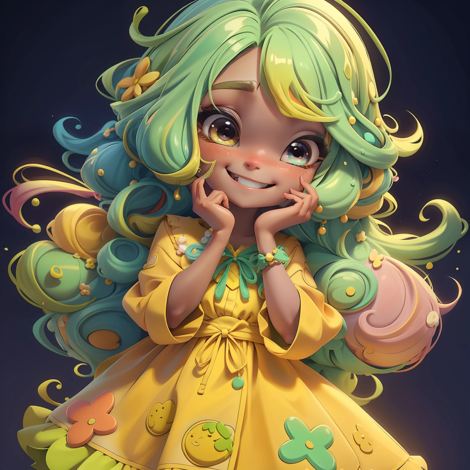 Loli girl, Slime cabelo multicolorido estilo de cabelo, multicolorido, sorriso e olhos delicados, vestido de noite extravagante, fundo simples, Melhor Qualidade