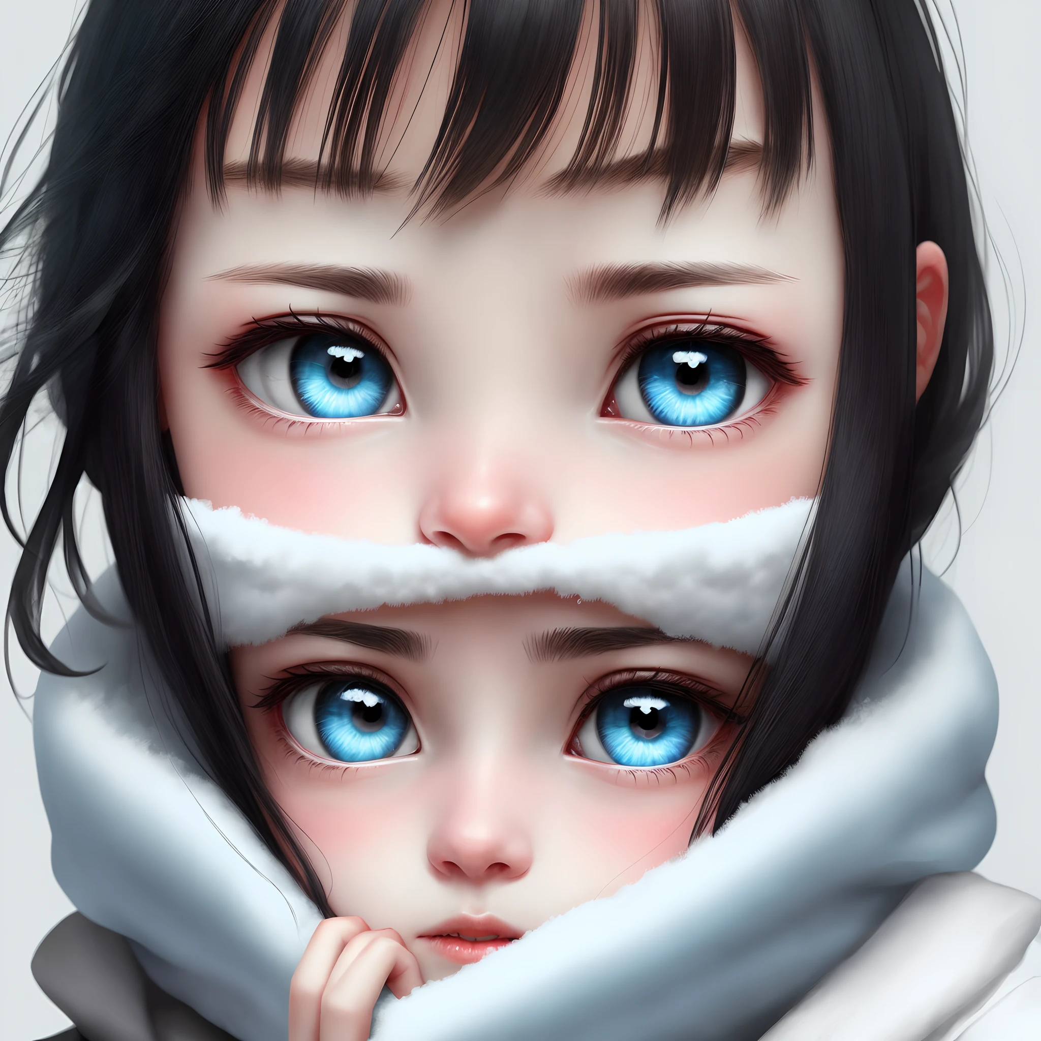 Young women，with short black hair，Light blue pupils，The face is cold，Cold white skin