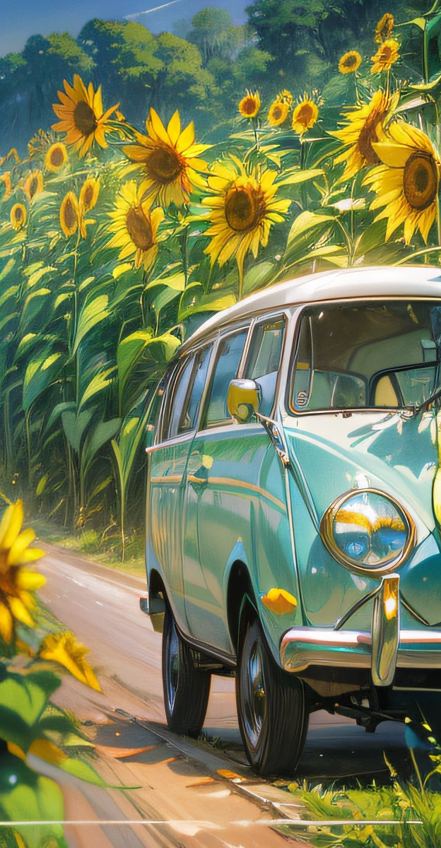 An enchanting countryside vista unfolds with a classic Volkswagen Kombi traversing a winding dirt road, tall and vibrant sunflowers lining the path, the sky painted with soft pastel colors of dawn, a sense of tranquility and adventure in the air, Photography, shot with a vintage 35mm film camera and a wide-angle lens, capturing the nostalgic essence,