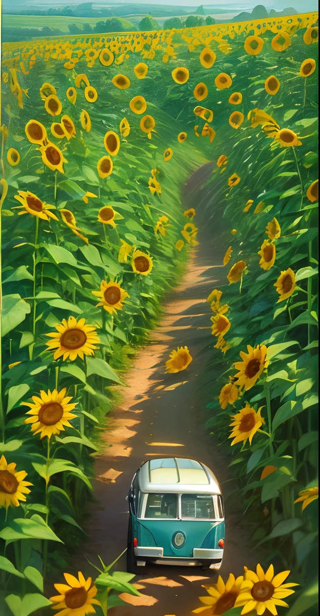 An enchanting countryside vista unfolds with a classic Volkswagen Kombi traversing a winding dirt road, tall and vibrant sunflowers lining the path, the sky painted with soft pastel colors of dawn, a sense of tranquility and adventure in the air, Photography, shot with a vintage 35mm film camera and a wide-angle lens, capturing the nostalgic essence,