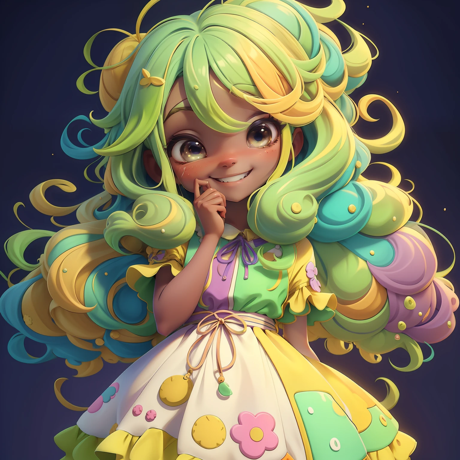 Loli girl, Slime cabelo multicolorido estilo de cabelo, multicolorido, sorriso e olhos delicados, vestido de noite extravagante, fundo simples, Melhor Qualidade