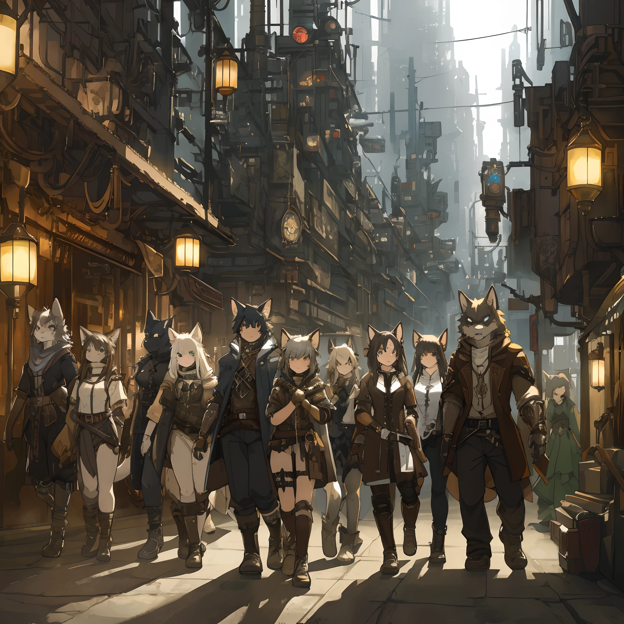 top quality, best quality, High-quality illustrations, masterpiece, super high resolution, detailed background, Dark Fantasy, Cyberpunk, steam punk, 6+boys, 6+girls, absurdres(highly detailed beautiful face and eyes)perfect anatomy, expression, good lighting, cinematic shadow(kemono, furry anthro)assorted poses, dynamic angle,