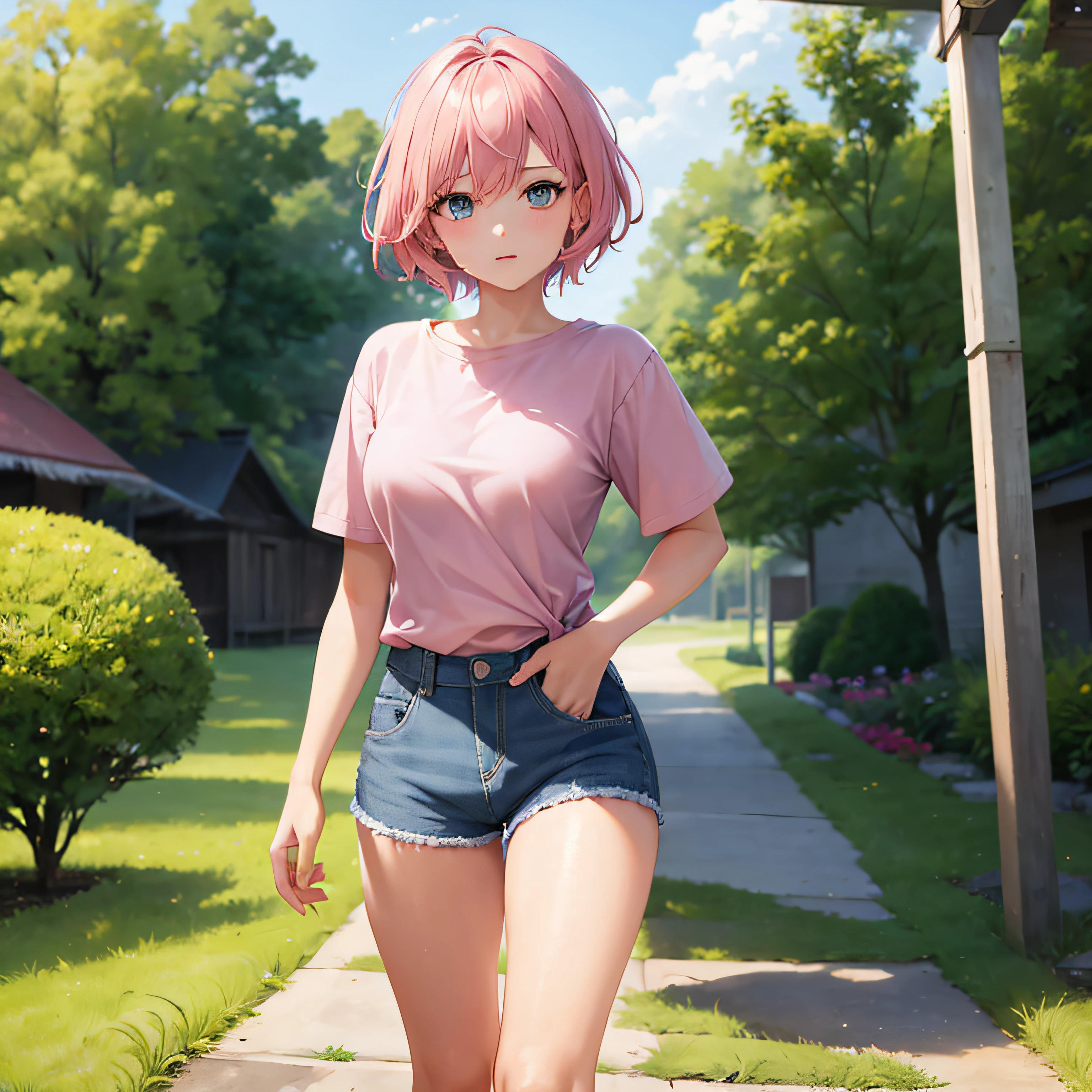 1girl, short pink hair, blue eyes, wearing plain pink shirt, denim shorts, village, absurdres, high res, ultrasharp, 8K, masterpiece, looking at viewer