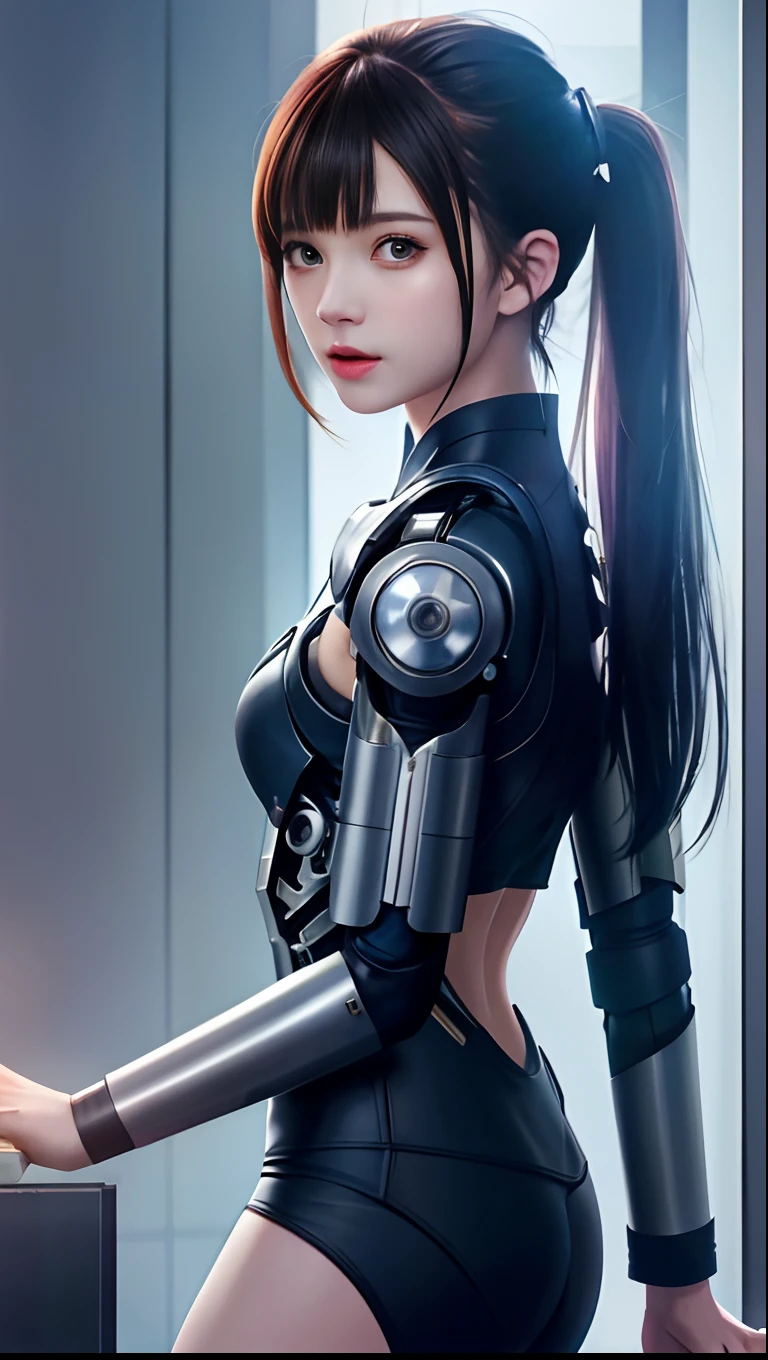 dystopian， [sci-fy]， High-detail RAW color photos， full-shot， 's （cute female arterial intelligence， cybernetically enhanced）， inside in room， standing on your feet， （In a cryogenic chamber， In a state-of-the-art cyberpunk research facility）， Toned physique， （Small lively breasts， Normal， big assa，pony tails （paleskin）， （cybernetic implants：1.2）， （enhancer）， （cyborg people：1.1）， （Detailed skins， Diffuse of skin pores）， silica gel， metals， （highly  detailed， finedetail， 复杂）， （lens flare glow：0.4）， （flood：0.4），diffused soft lighting，Ray traching，shallowdepthoffield，（Oliver Waite），taken on a Canon EOS 5D，90mm micro lens，f / 8，Clear focal length，Smoothness，Motion picture film，A scene from the《Blade Runner 2049》，[cyber punk perssonage：Dieselpunk：0.25]