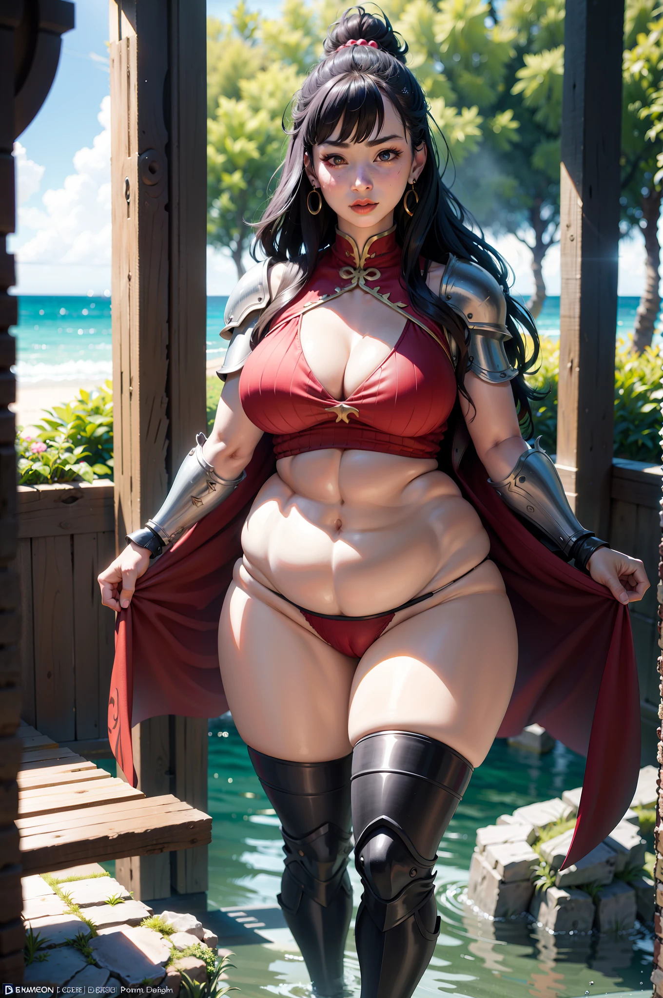 Breasts are larger than the torso,,Crazy swollen breasts,otherworld background,Wearing bikini armor,Koreainsta Goddess,Realistic fantasy rendering,photorealistic anime girl rendering,Faraway view,(full-body portraits:1.4),(:1.4),(Exaggerated body proportions),(Nine-headed body),long wavy dark hair,Wearing delicate earrings,omao,pubes,chest exposed from armor,a plump buttocks,slender leg,Thick thighs,(wearing red cheongsam), (wearing short leather boots), camel-toe, Lift,uni,waterfallr,water bloom, rendering by octane, (Unbeatable masterpiece, ultra realistic 8k cg, dramatics, Ray traching, hdr:1.2), (best qualtiy), fanciful, atmospurate, extremely detaile, iintricate, Hyper-detailing, glaring lights, (mirror lighting: 1.4), (photorealiscic face: 1.2), (dent in the skin: 1.3), (1 rapariga: 1.4)