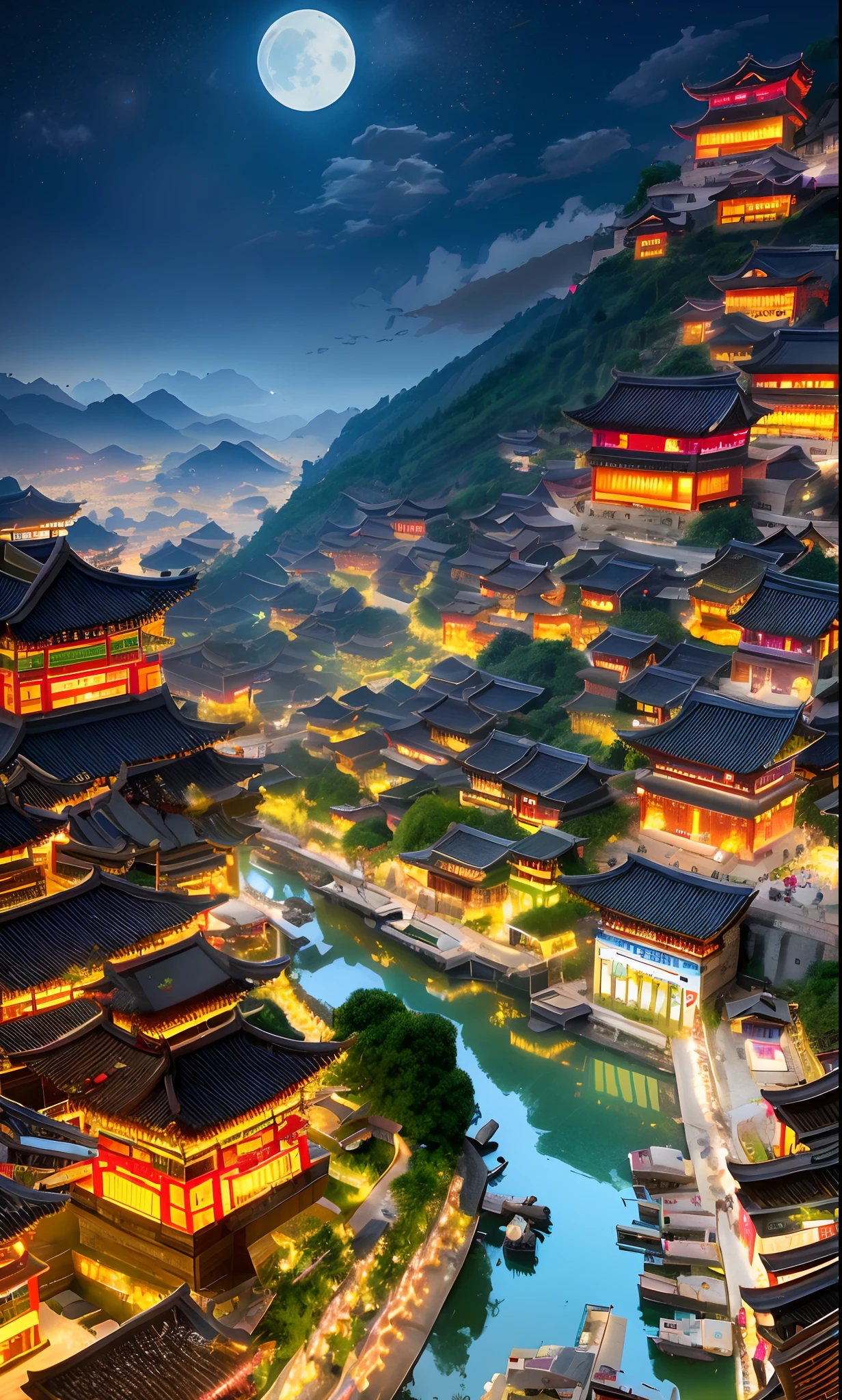 Arafed view of a village，a lot of lights on the buildings，Fantastic small Chinese town，Chinese Village，amazing wallpapers，Surreal photos of a small town，old asian village，Raymond Han，Moon Night, Cyberpunk Chinese Ancient City Tower, Well-lit building,Beautiful and aesthetic, photography of, cinematic ligh, 8k, high detal