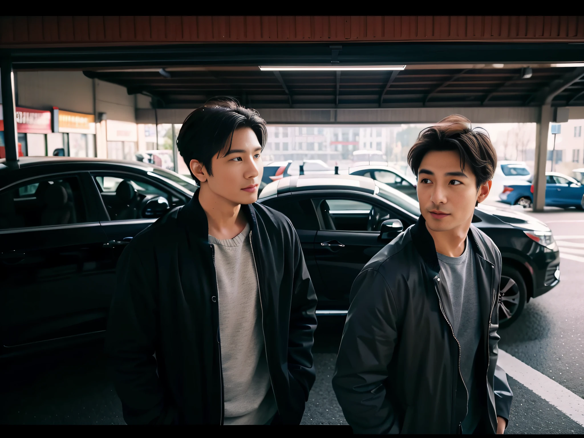 (Two men chatting),sface focus,Face the lens,sideways standing,Hands on the car,detailed face with,Casual wear,A car in the background,at the parking lot