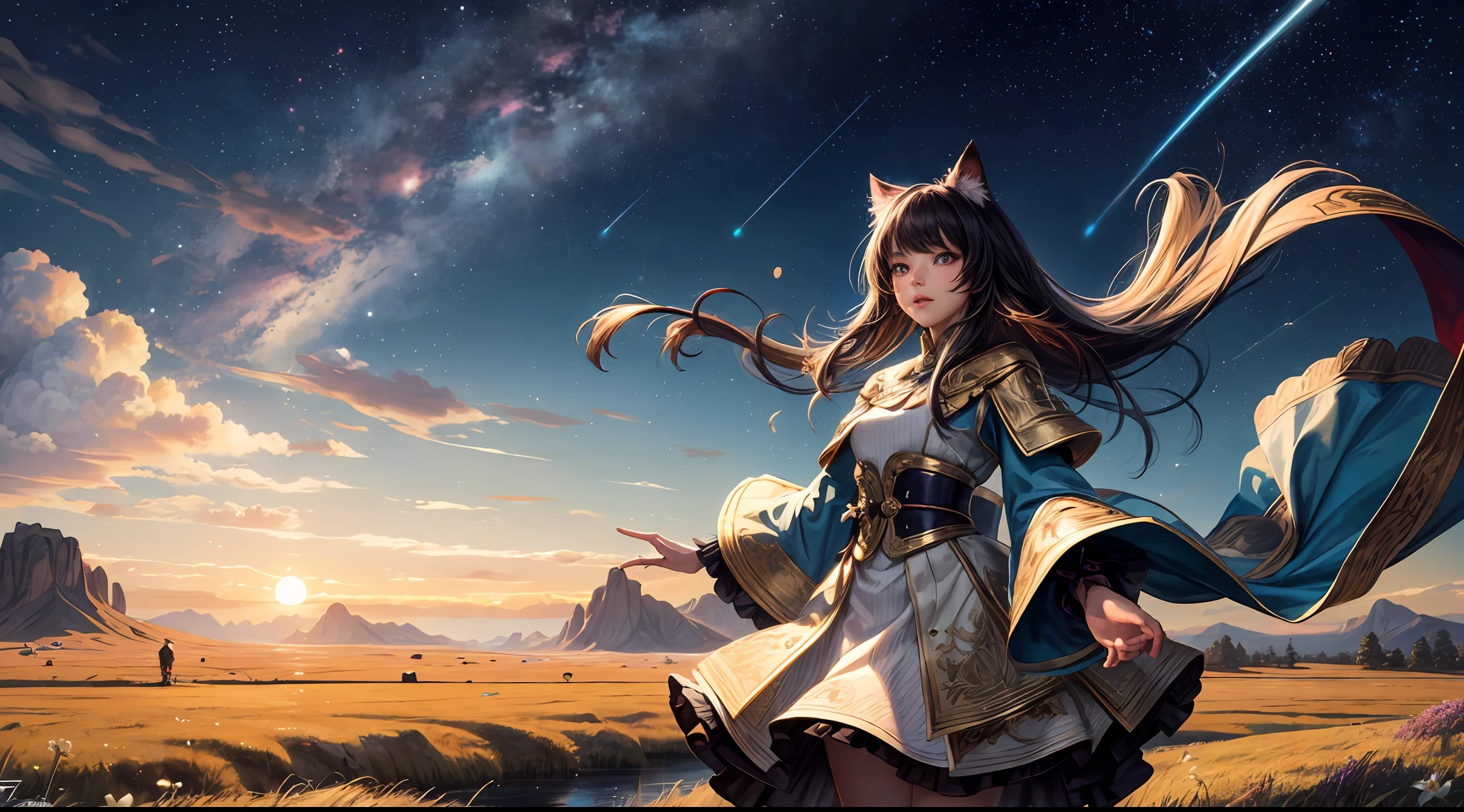 offcial art, Unity 8k壁纸, ultra - detailed, Beautiful and beautiful, tmasterpiece, best qualityer, atmospurate, Celestial meadows with starry grass and cosmic flowers,eine Katze,meteors