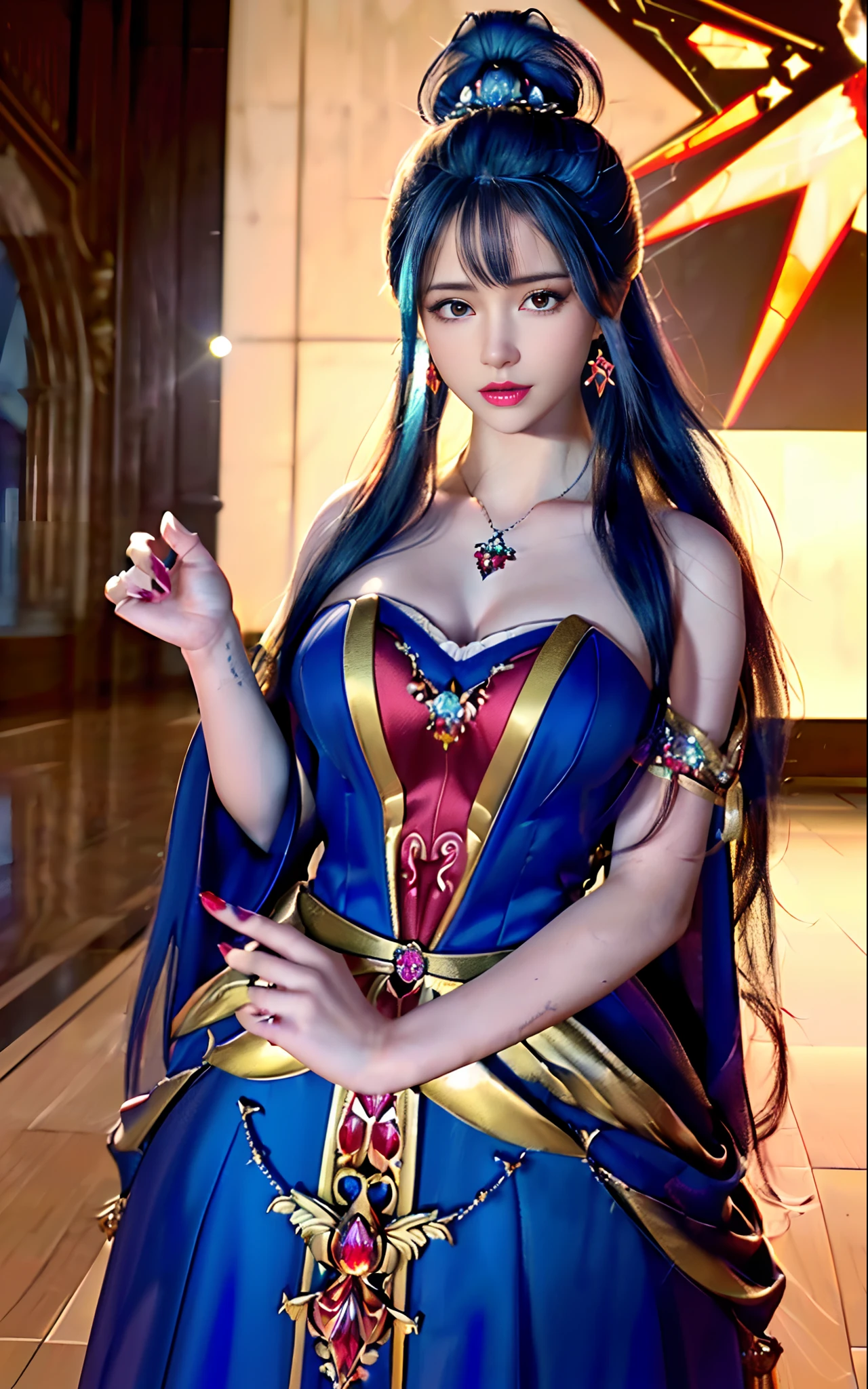 realisticity: 1.2)), ((realistic: 8K UHD)), ((best resolution: 8K UHD)), hyper detailed, best quality,masterpiece,highres,cg, ((1 girl hyper detailed and hyper realistic) ) , ((beautiful queen, hyper realistic and hyper detailed)),((white skin, beautiful, smooth, youthful, hyper realistic and hyper detailed )), ((Face hyper beautiful, white, hyper realistic and hyper detailed ) ), long hair, ((hyper realistic and hyper detailed dress)), solo, ((hyper realistic, hyper beautiful, beautiful and hyper detailed jewelry)), ((hyper beautiful deep red and golden yellow dress, hyper realistic and hyper detailed )) , ((Her pretty, hyper realistic, hyper detailed diamond filled earrings)), ((Her gorgeous diamond haircut, hyper realistic and hyper detailed)), ((hyper pretty upper body, hyper beautiful, hyper realistic and hyper detailed) ), ((medium breast: 1.5)), ((hyper realistic, hyper pretty, hyper detailed boobs)), ((the backgroun of the royal palace is hyper majestic, hyper realistic and hyper detailed)),((hands and palms hyper beautiful, hyper detailed, hyper realistic)), ((hyper detailed and hyper realistic fingers and fingernails)), ((posture not too fat and not too thin, hyper realistic, hyper detail)), ((hyper pretty, hyper pretty, hyper realistic and hyper detailed hair bun)), ((hyper pretty , hyper realistic and hyper detailed blue hair)), candid, Photo, high resolution, 8k , bokeh,