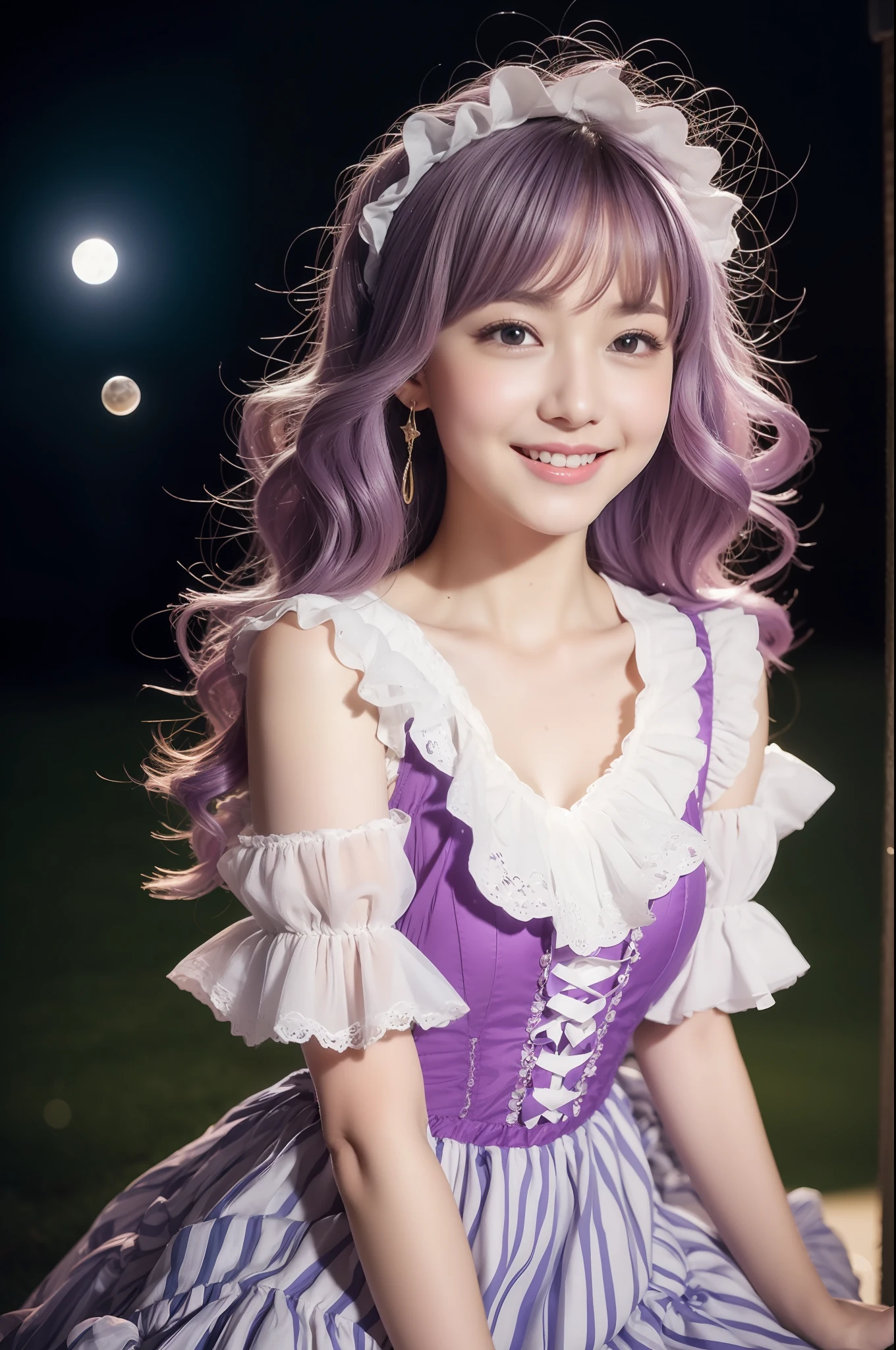 photogenic、独奏、top-quality、masterpiece、Angle from above、Japan women、Harajuku Girls、A smile、、pale purple blonde hair、Lustrous hair、Very short、Purple hair、large puffy perm,、Fluffy perm、perm、Stardust Sparkling Hair、Korean Style Beauty、big eye、Double eyes、small tits、Sitting on the crescent moon in the night sky、(Ruffle frills, Chiffon Lace Ribbon Suspenders, (Stripe Design Pastel Coloring Dress), Open Colorborn, puff sleeves, Tied thin ribbon corset, See-through balloon skirt, White Net Tights, Colorful star-shaped bead accessories)、bokeh dof