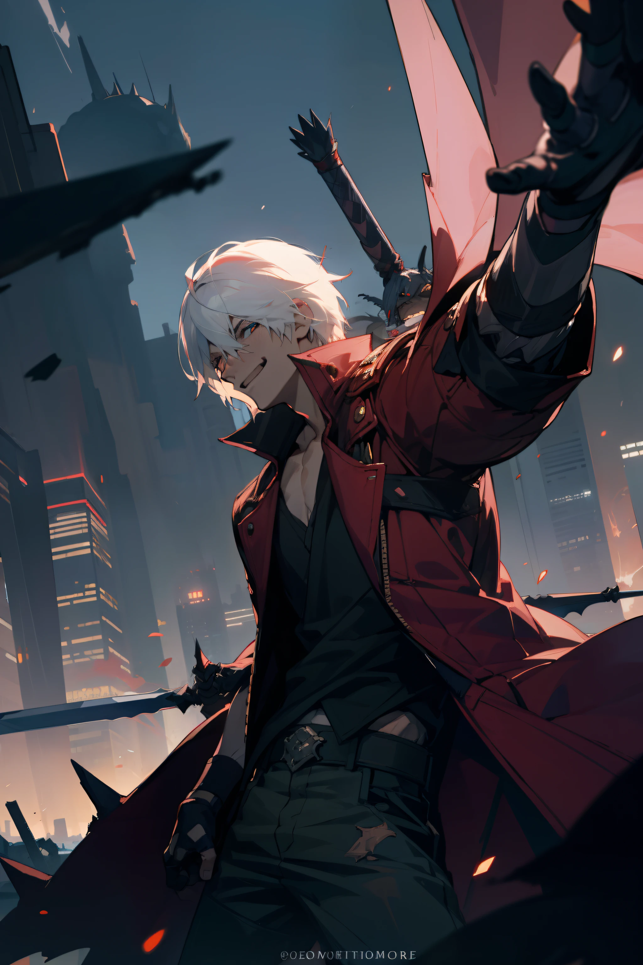 masterpiece, best quality, 1boy, dante, white hair, open clothes, coat, fingerless gloves, belt, city, detailed eyes, destroyed buildings,  destruction,  (night:1.4), smiling, natural light,war, angry eyes, looking ahead, male focus, muscles, movie composition, deth of field, bokeh  (demons on the background:1.2) , (sword:1.2),  fighting pose, explosions, upper,