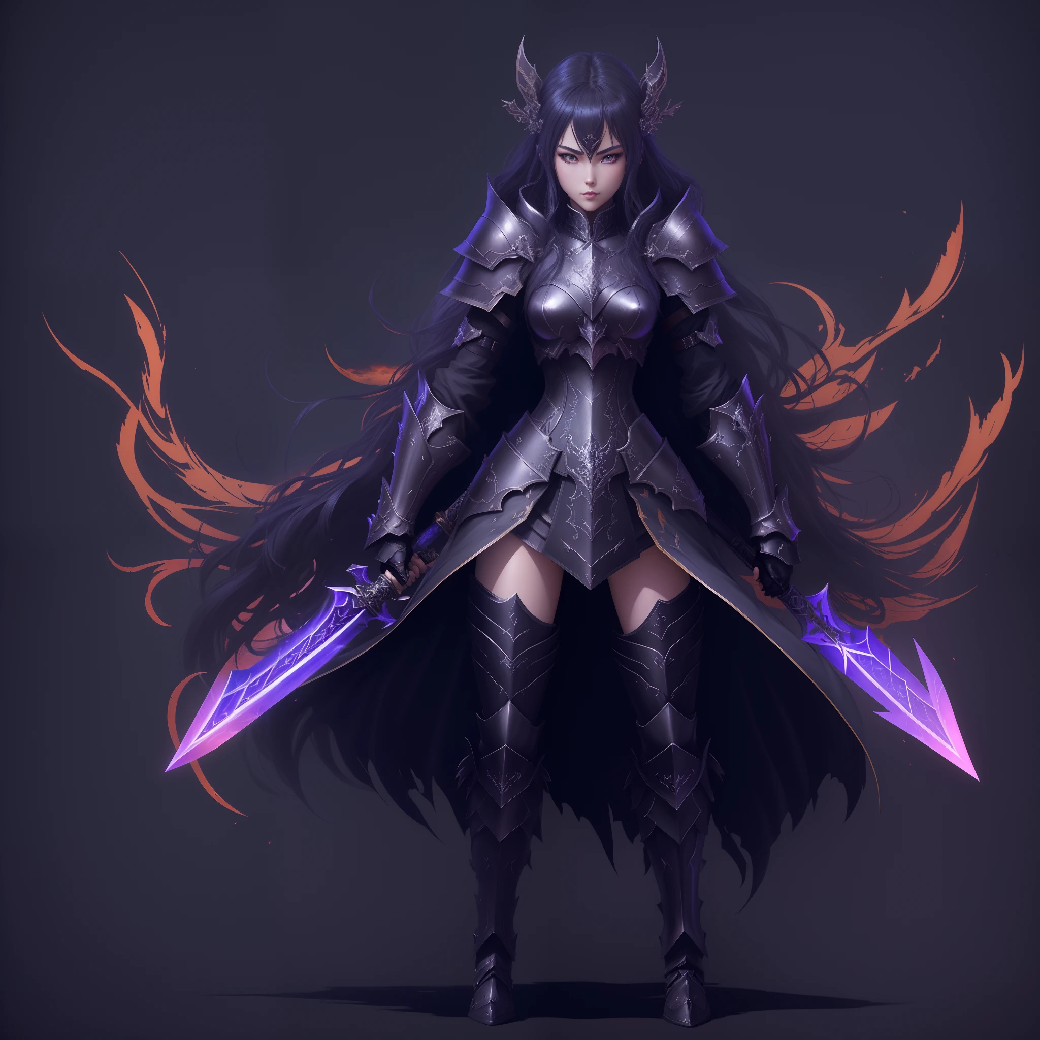 Anime character with sword and armor on dark background, epic fantasy art style, epic fantasy digital art style, epic fantasy art style hd, armor girl, badass anime 8 K, epic fantasy style art, black fire color reflected armor, 2. 5 d cgi anime fantasy artwork, detailed digital 2d fantasy art, dark fantasy style art, Dark Armor