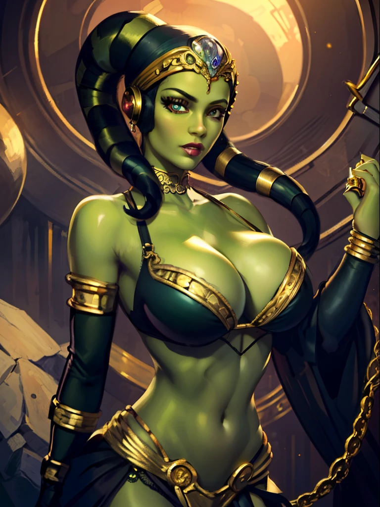 (best quality, masterpiece, highly detailed), 1girl, (green skin), sexy busty Twi'lek, large breasts, (skindentation, cleavage), looking at viewer, gold and black bikini, gold, ornate metal bra, metal lace, gemstones, jewelry, long skirts, armlets, pelvic curtain, Star Wars, lekku stripes