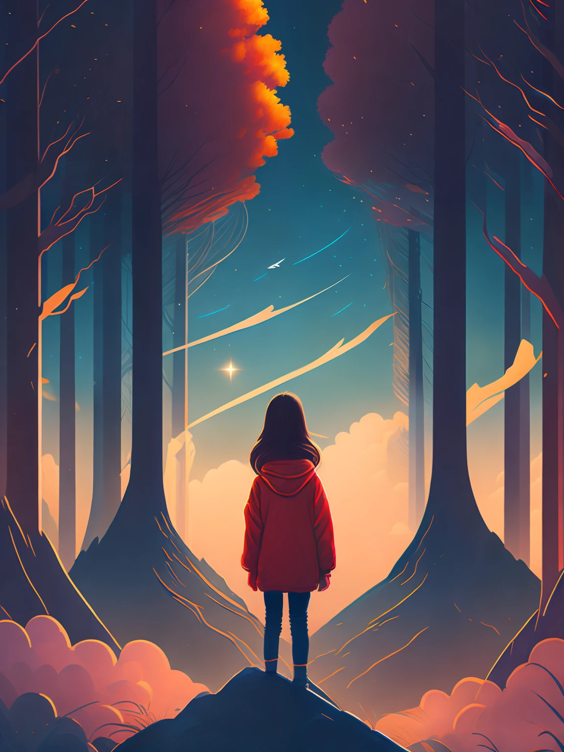 A towering tree，1 girl looking at the sky，Behind it is an endless void，rzminjourney，vectorial art