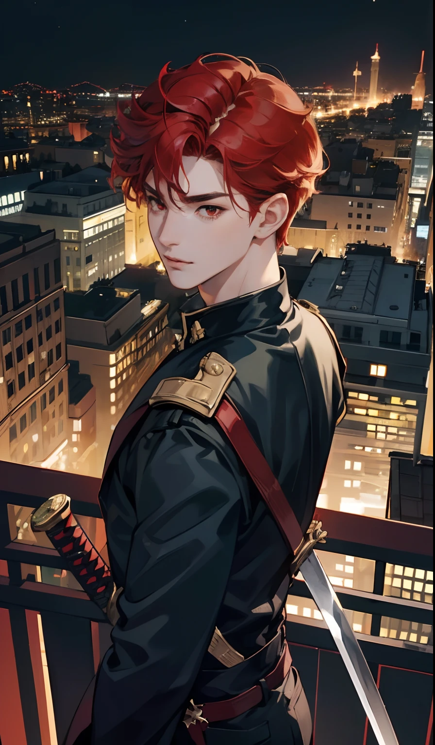 (absurd, high, extremely detailed),((masterpiece)), ((best quality:1.1)), High resolution, 8k,1 boy 18, solo , (redhead, slightly hairy curly, super short hair, layered hair :1.1 ), shaded face, (stylish clothes: 1.1), , (top view: 1.1), (red eyes), (katana in hand), sword pose, stylish style, night, crowded city in the night, night city lights, people view, top view