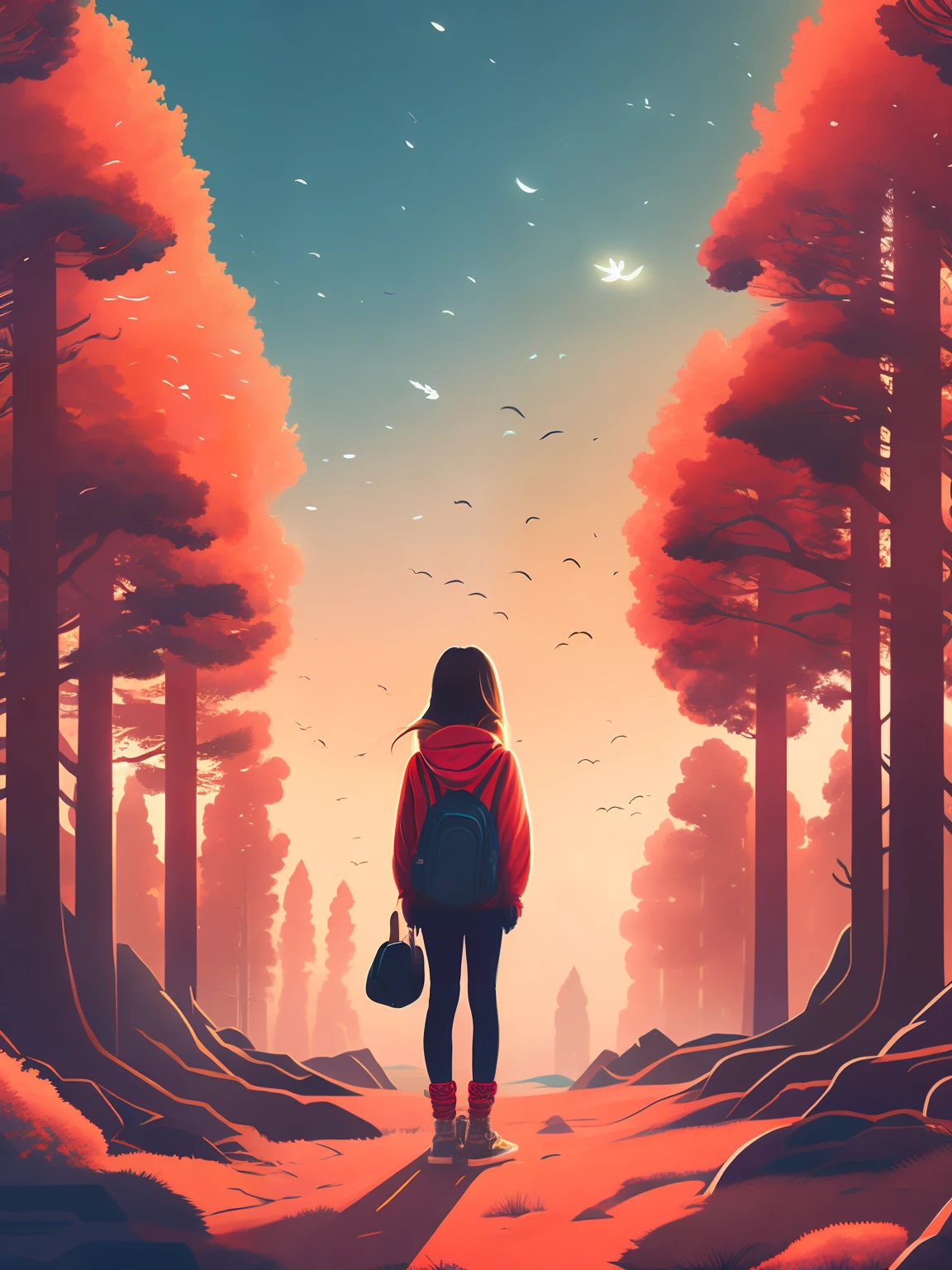 A towering tree,1 girl looking at the sky,Behind it is an endless void,rzminjourney,vectorial art