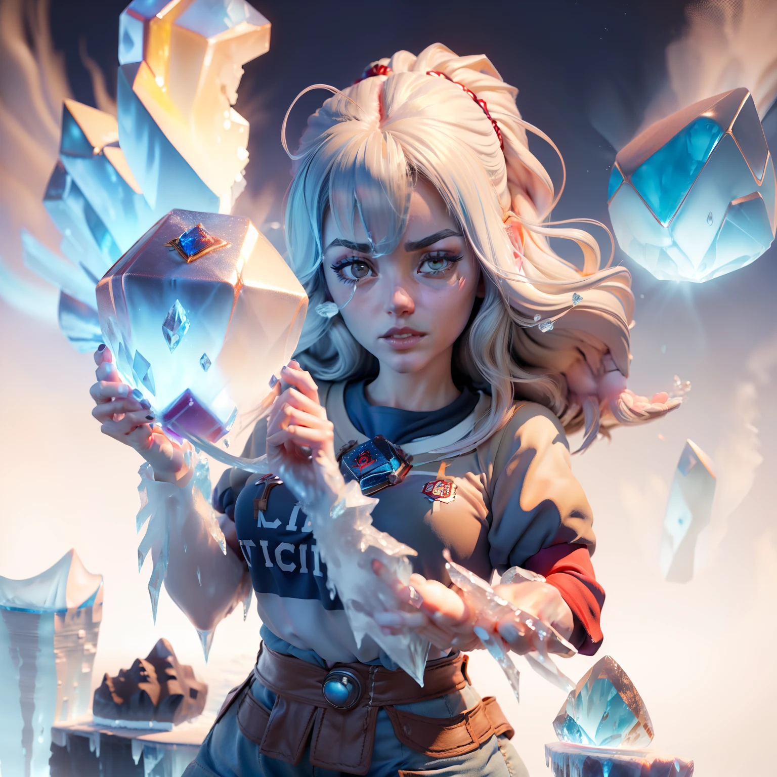 masutepiece,(Beautiful woman grabs magic giant ice rock with both hands:1.5),Beige hair swaying in the wind,Blue-gray glowing eyes,Navy Tiered Skirt、G Jean,Logo T-shirt,Photo 8k,The background is a summer meadow,dazzling sunshine