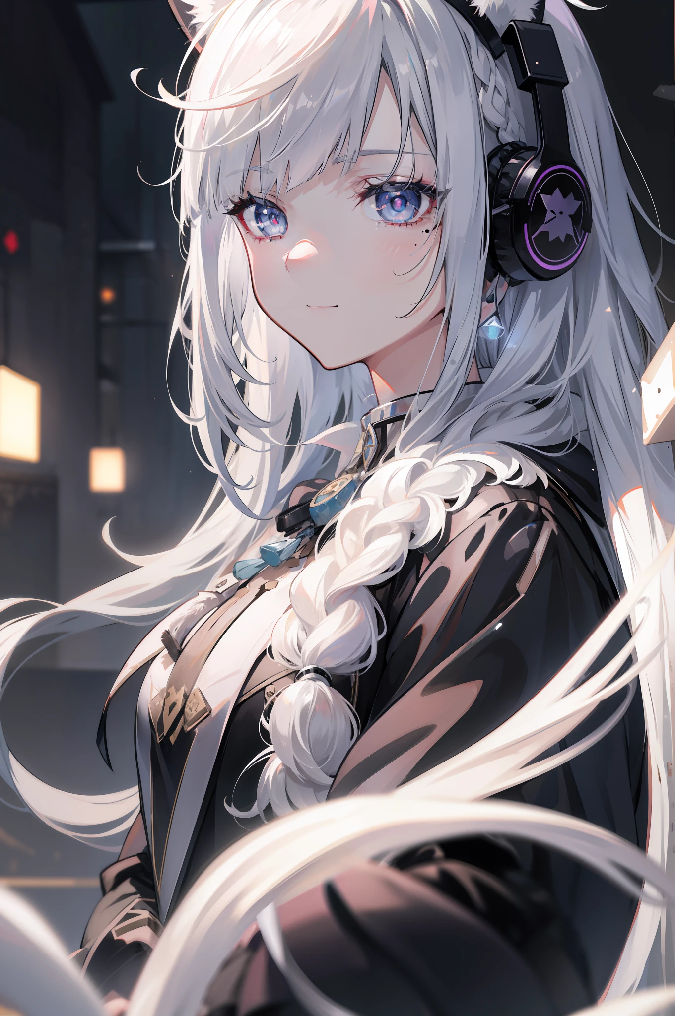 White hair, crossed bangs, Long hair, ribbon, Moles under eyes, Star-shaped pupils, Cat ear headphones, Light smile, anime big breast, Ray tracing, Glowing light, tachi-e, in a panoramic view, Eye level shots, A high resolution, 4K, High details
