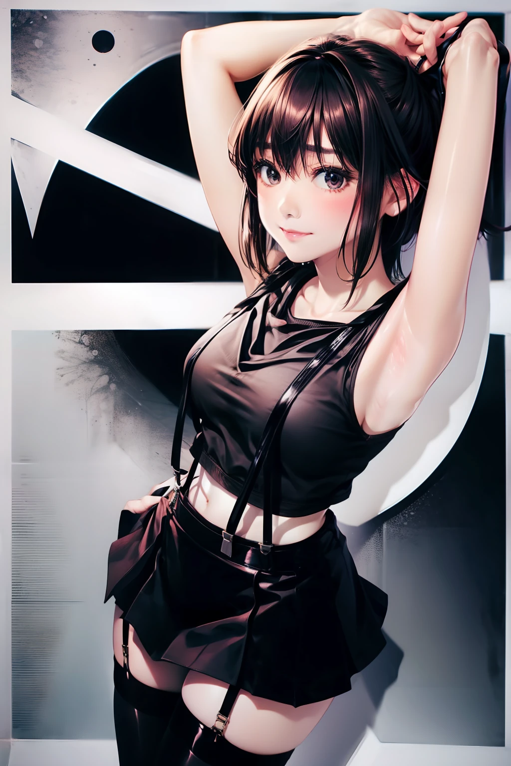 Ruto　　huge tit　　　suspenders　　garterbelts　　　Black stockings　　Black Tank Top　Armpit sweat　a miniskirt　Brown hair　Gray eyes　　Futomo　hason　Tight tank top　Fold your hands behind your back
