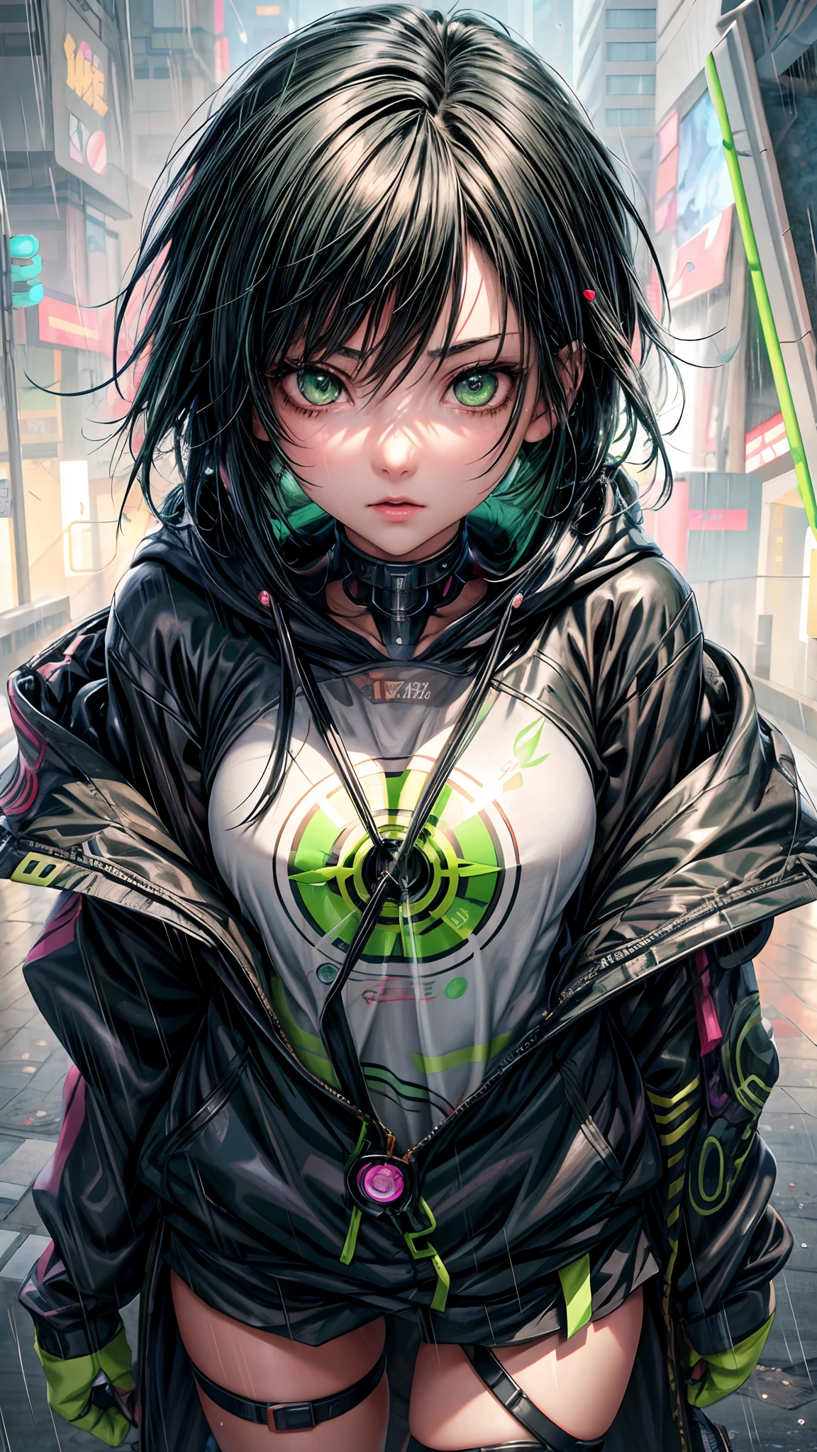 anime girl with green eyes and black hair standing in the rain, rogue anime girl, cyberpunk anime girl in hoodie, portrait knights of zodiac girl, detailed anime character art, anime style 4 k, anime girl of the future, cyberpunk anime girl, female cyberpunk anime girl, best anime 4k konachan wallpaper, portrait anime space cadet girl, anime cyberpunk art