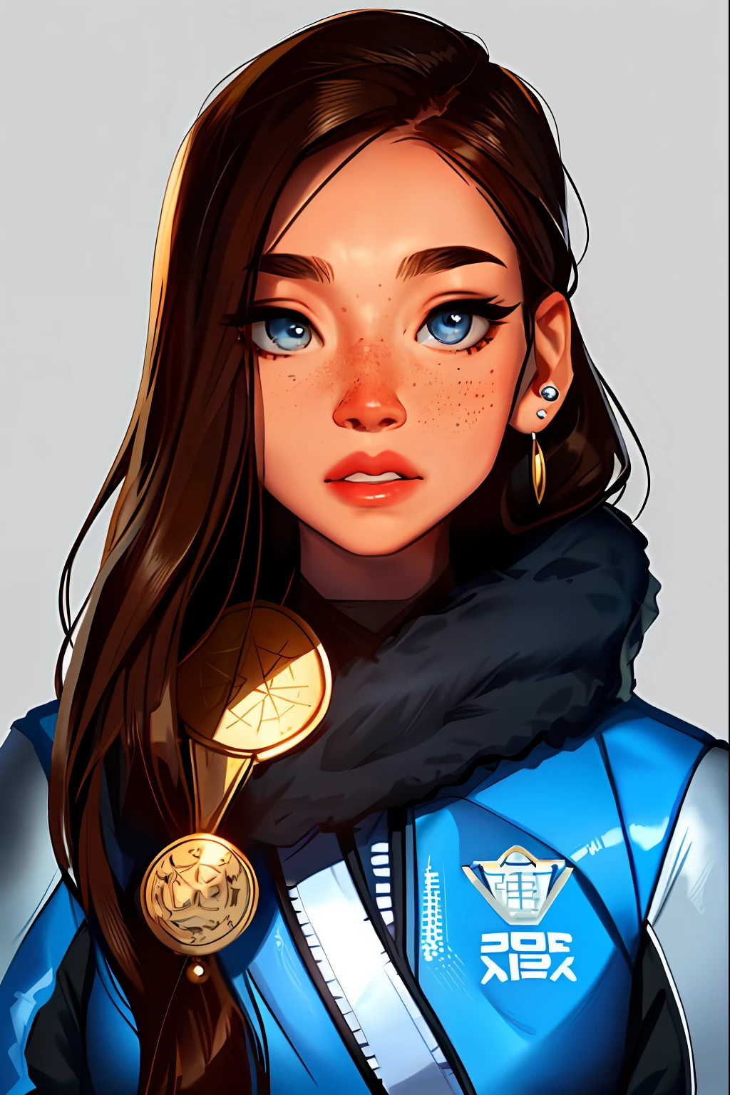 sam yang, 1girl, female ice skater, blue eyes, brown hair, long straight hair, day, parted lips, earrings, freckles, jewelry, lips, looking at the viewer, thick eyelashes, portrait, holding a medal, depth of field, solo, ((masterpiece))