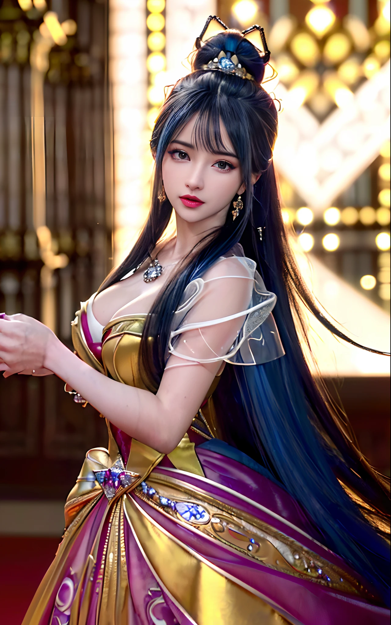 realisticity: 1.2)), ((realistic: 8K UHD)), ((best resolution: 8K UHD)), hyper detailed, best quality,masterpiece,highres,cg, ((1 girl hyper detailed and hyper realistic) ) , ((beautiful queen, hyper realistic and hyper detailed)),((white skin, beautiful, smooth, youthful, hyper realistic and hyper detailed )), ((Face hyper beautiful, white, hyper realistic and hyper detailed ) ), long hair, ((hyper realistic and hyper detailed dress)), solo, ((hyper realistic, hyper beautiful, beautiful and hyper detailed jewelry)), ((hyper beautiful deep red and golden yellow dress, hyper realistic and hyper detailed )) , ((Her pretty, hyper realistic, hyper detailed diamond filled earrings)), ((Her gorgeous diamond haircut, hyper realistic and hyper detailed)), ((hyper pretty upper body, hyper beautiful, hyper realistic and hyper detailed) ), ((medium breast: 1.5)), ((hyper realistic, hyper pretty, hyper detailed boobs)), ((the backgroun of the royal palace is hyper majestic, hyper realistic and hyper detailed)),((hands and palms hyper beautiful, hyper detailed, hyper realistic)), ((hyper detailed and hyper realistic fingers and fingernails)), ((posture not too fat and not too thin, hyper realistic, hyper detail)), ((hyper pretty, hyper pretty, hyper realistic and hyper detailed hair bun)), ((hyper pretty , hyper realistic and hyper detailed blue hair)), candid, Photo, high resolution, 8k , bokeh,