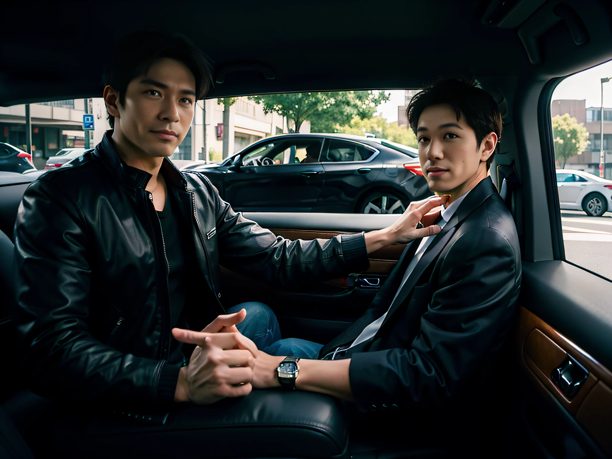 (Two men chatting),sface focus,Face the lens,sideways standing,Hands on the car,detailed face with,Casual wear,A car in the background,at the parking lot