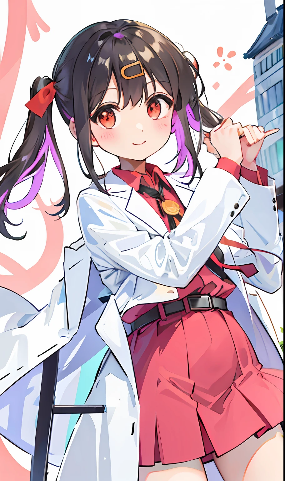 1girl, full body, straight-on, standing, looking at viewer, light smile,  blush stickers, (short twintails:1.2), black hair, hair ribbon, red ribbon, ((hairclip)), closed mouth, ((white long coat)), collared shirt, red shirt, labcoat, long sleeves, hands in pocket, belt, belt buckle,  black miniskirt, solo, bare tree, building, city, cityscape, day, outdoors,  street, tokyo \(city\), tree