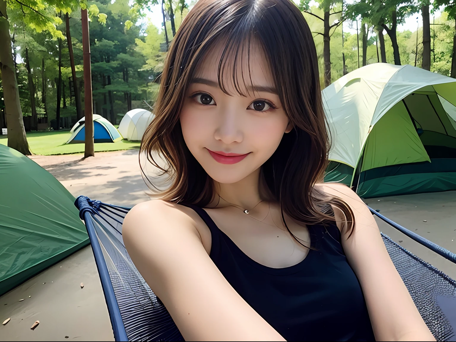 Best Quality,masuter piece,超A high resolution,(photographrealistic),Cute Girl,Sexy Pose,8K,NFSW,Raw photo,A cute Japanese woman,Smile,up of face、Longhaire、curls、a blond、full of sweat、Brown-skinned、Blonde hair、camp、bonfire、Tank tops、campsite、camp、Sleeping in a hammock、