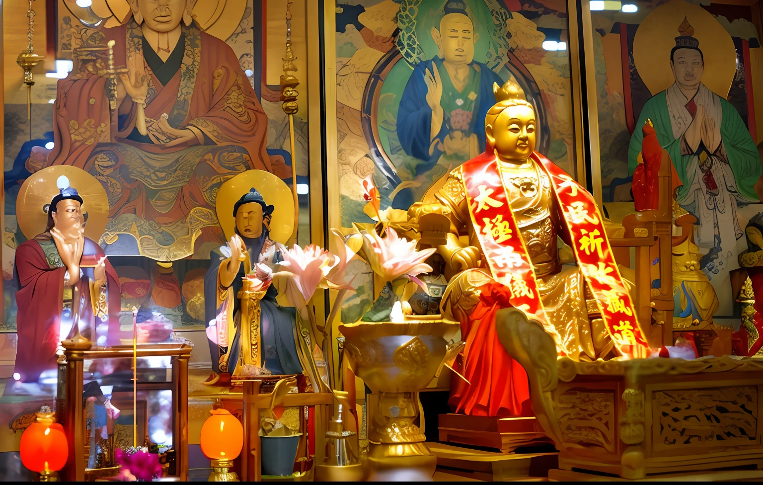 Statue of Arafeld of a red-robed man sitting on a throne, Taoist temples and monks, in a temple, an altar of a temple, Taoist, vietnamese temple scene, from inside a temple, Displayed on the altar, Shrine, God of Wealth, buddhist temple, chinese temple,, guanyin of the southern seas