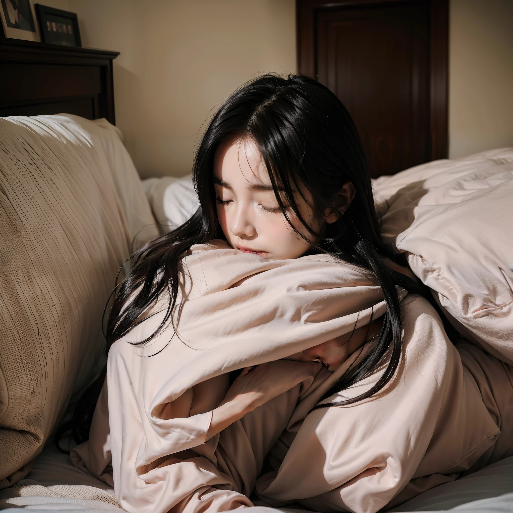 1girl, Room, bedroom, sleep, pajamas, long sleep t-shirts, close your eyes, 25 years old, black hair, Sleeping, masterpiece, best quality