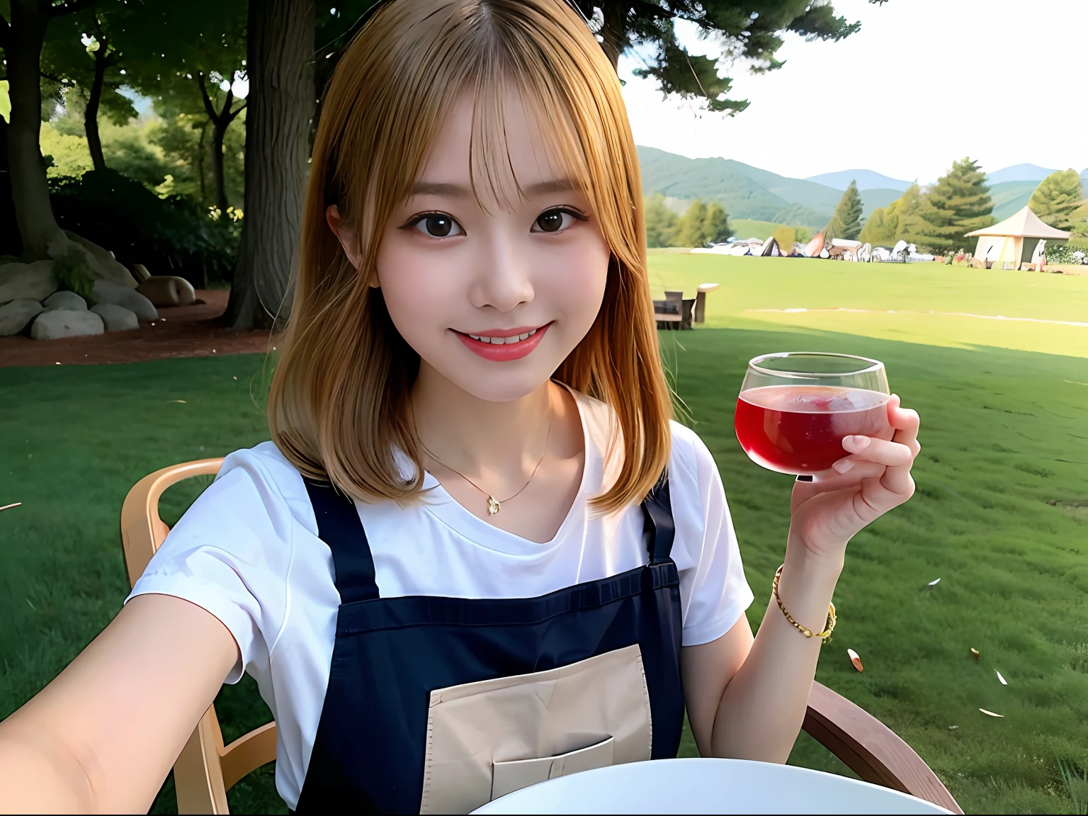 Best Quality,masuter piece,超A high resolution,(photographrealistic),Cute Girl,Sexy Pose,8K,NFSW,Raw photo,A cute Japanese woman,Smile,、a blond、full of sweat、Brown-skinned、Blonde hair、camp、bonfire、Apron、campsite、Drink alcohol、sit a chair、