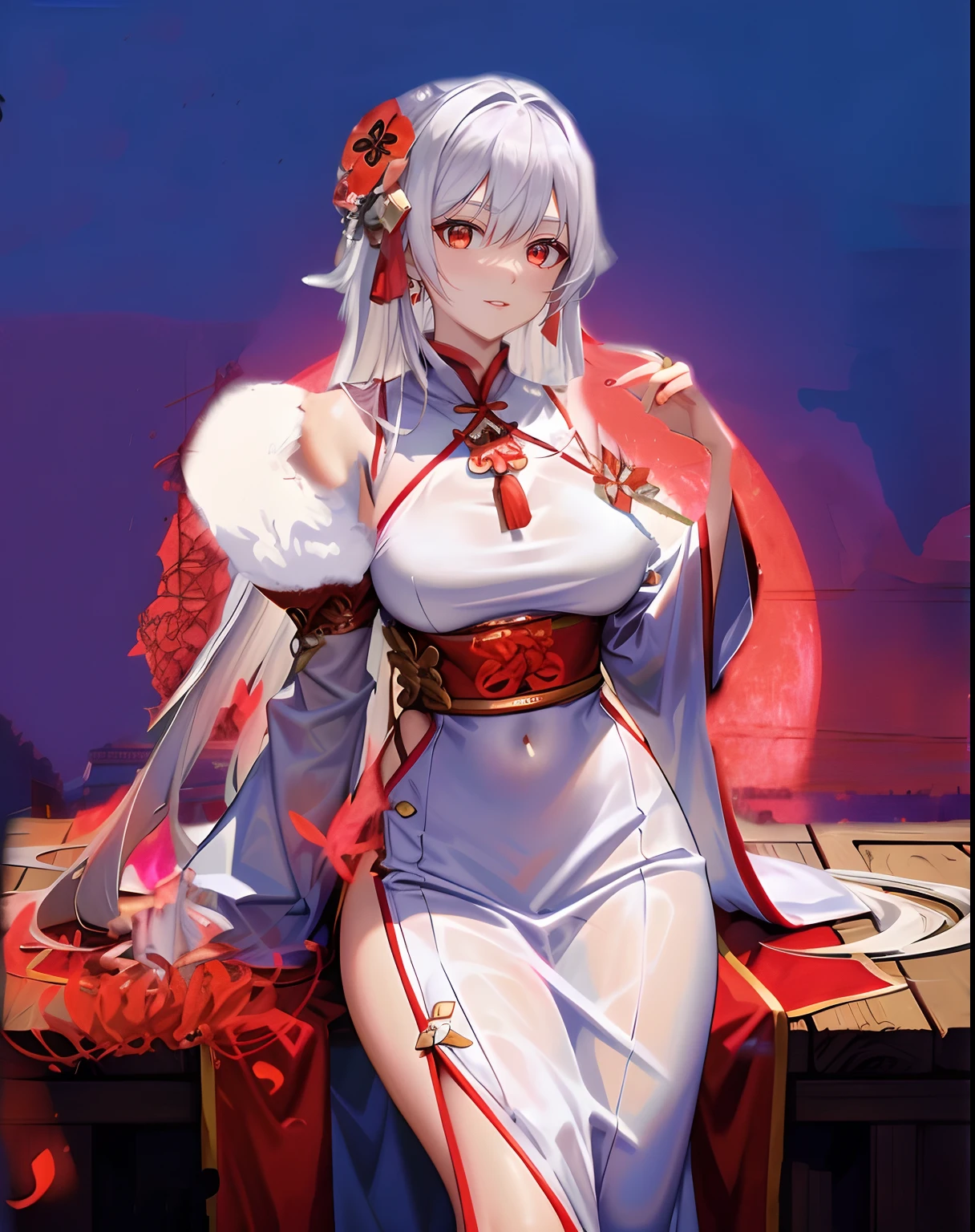 tmasterpiece，HighestQuali，on cheongsam，Anime girl wearing white dress，Red and white hair，red color eyes，amaryllis，White-haired god，azur lane style，Kushatt Krenz Key Art Women，drak，A scene from the《azur lane》videogame，full-body xianxia，onmyoji，Guviz，best anime 4k Konachang wallpapers，Anime goddess。