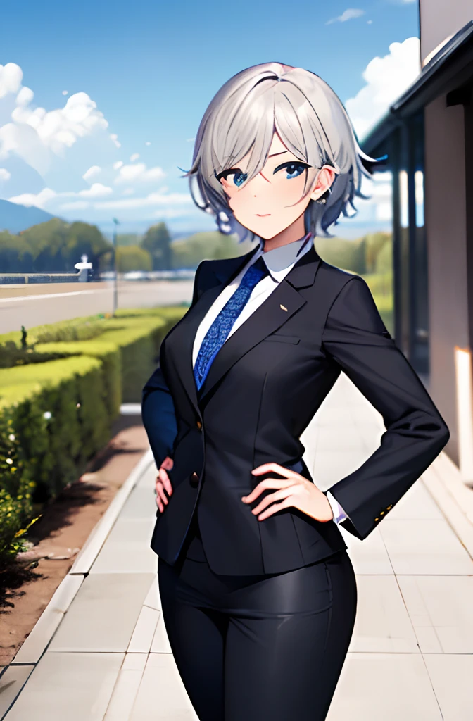 masterpiece, top-quality, Hi-Res, 1girl in, white hair, shorth hair, blue eyess, middlebreasts, OL Ties, black suits, pencil skirts, put hands on the hip, plein air,idolmaster,,anastasia,long boots,pant suit,Long body,