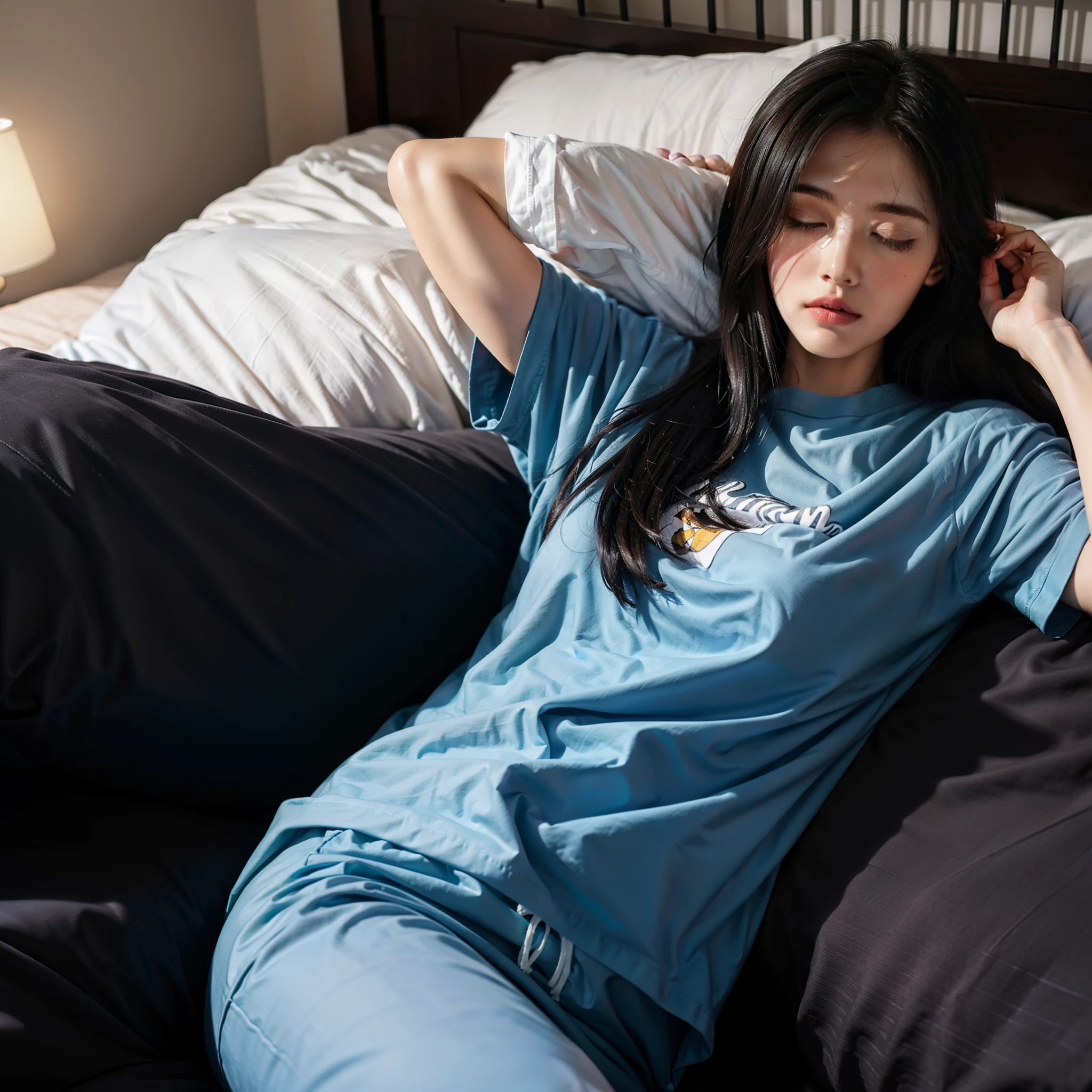 1girl, Room, bedroom, sleep, pajamas, long sleep t-shirts, close your eyes, 25 years old, black hair, Sleeping, masterpiece, best quality