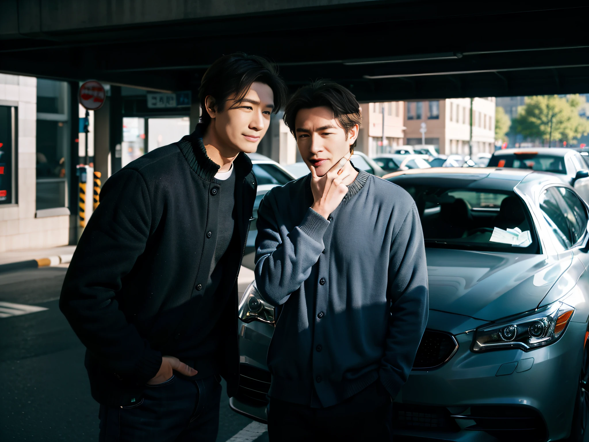 (Two men chatting),sface focus,Face the lens,sideways standing,Hands on the car,detailed face with,Casual wear,A car in the background,at the parking lot