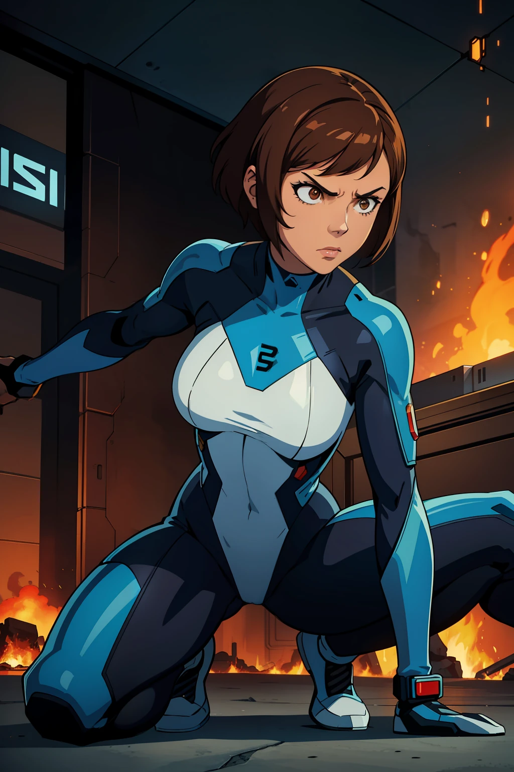 woman with short brown hair and brown skin crouching in a dynamic pose wearing a white and blue sci-fi, cyberpunk bodysuit glaring, angry. fire in the background sci fi room