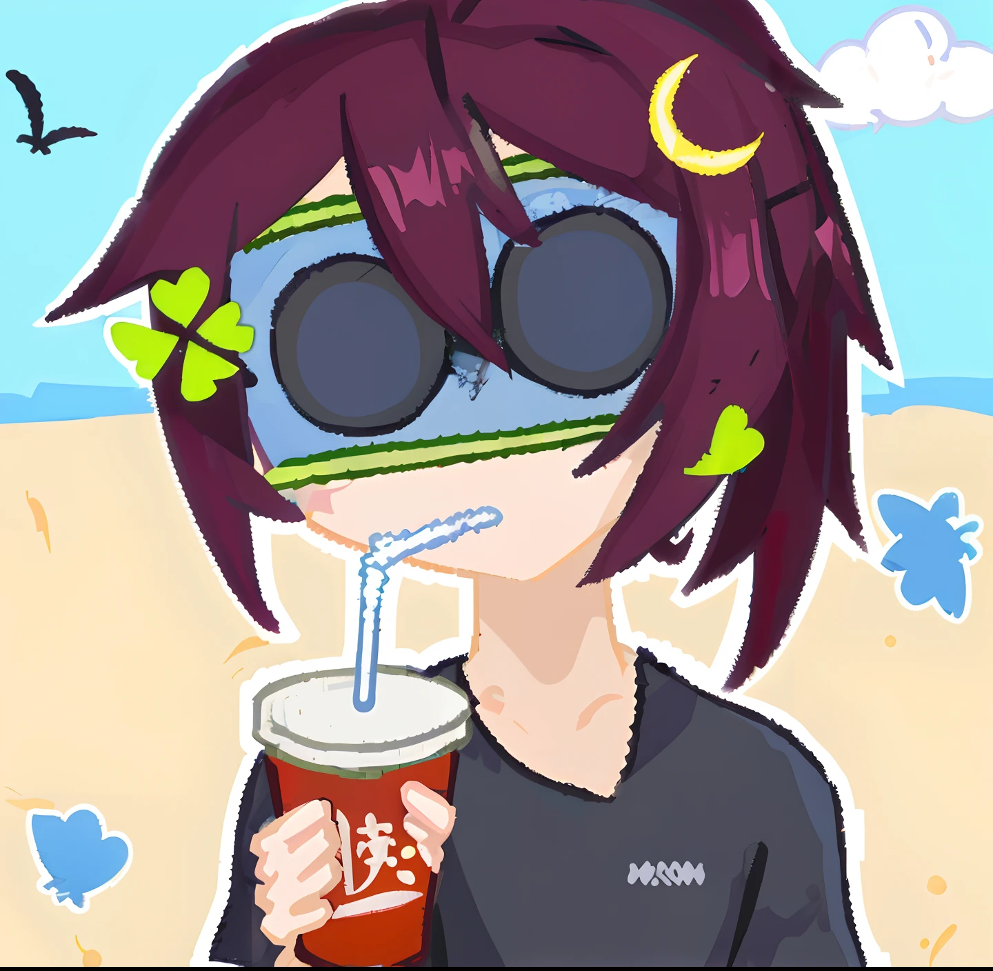 Cartoon girl in sunglasses drinking on the beach, 2 d anime style, unknown artstyle, author：Master of Han Chinese, anime moe art style, wearing an eye mask, on  the  beach, sumai-e artstyle, [ Digital art ]!!, in an anime style, he wears an eyepatch, author：Ei-Q, drink boba tea，Braid