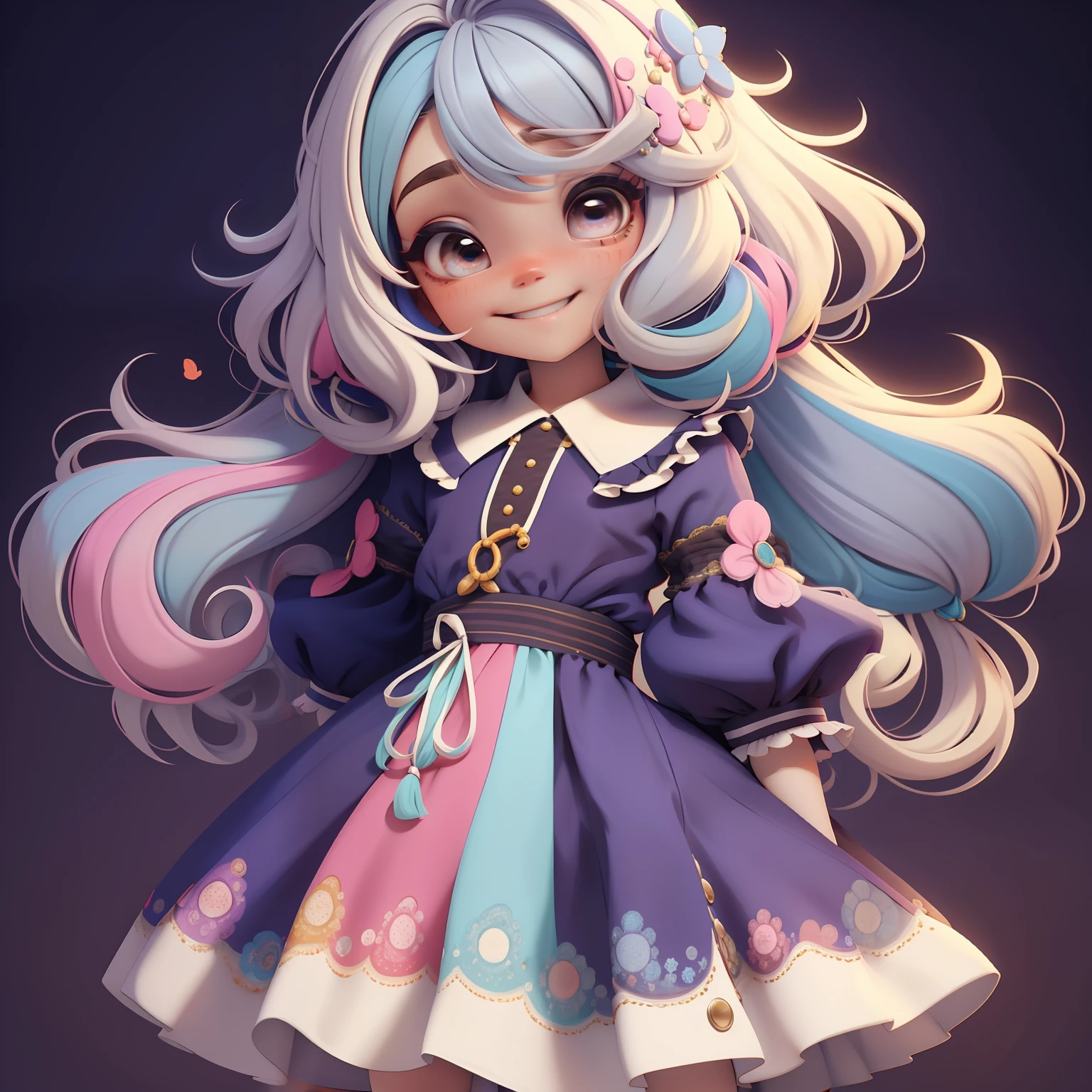 Loli girl, cabelo multicolorido estilo de cabelo, multicolorido, sorriso e olhos delicados, vestido de noite extravagante, fundo simples, Melhor Qualidade