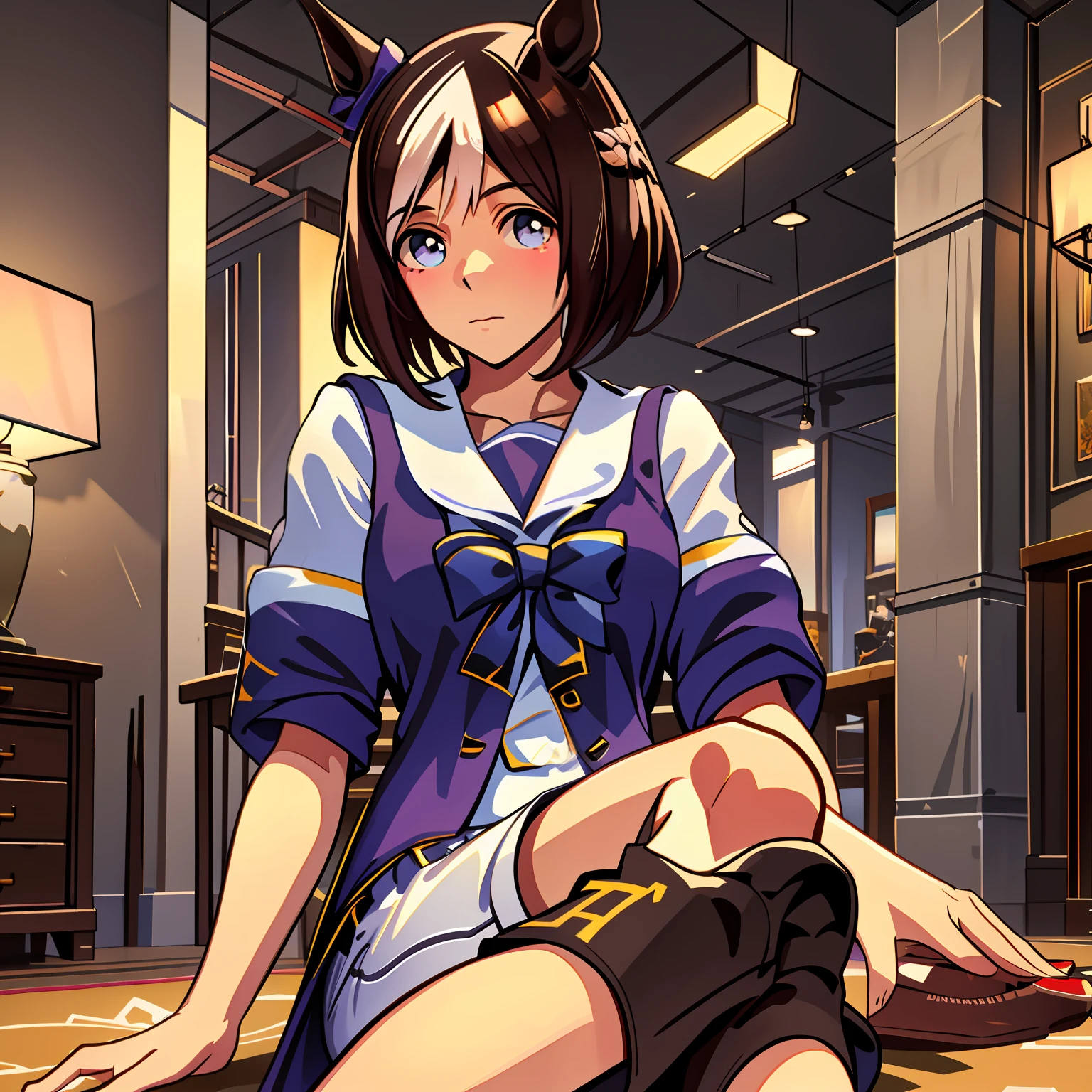 Masterpiece,shorter pants,1girll,In the room,duck sitting,Eyes hazy