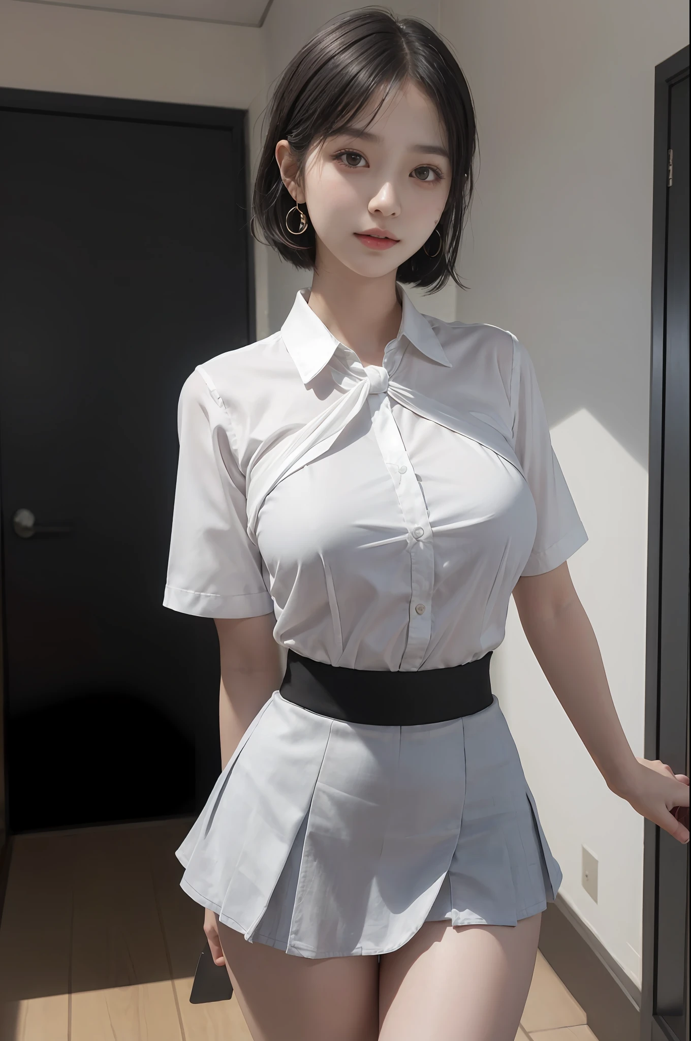 Korean school uniform,Summer uniform shirt,Ribbon Ties,White mini-short skirt,School Classroom,school stairs,Chest thrust pose,(the breasts are large),8K raw photos,A high resolution,cool Korean at ,very large round breasts,beautiful eyes in detail,long eyelasher,beautiful double eyelid,eye shadows,eyes liner,Cut Eyes,Elongated eye shape,Sanpaku eyes,evilsmile,Evil expression, Beautiful very thin legs,Beautiful very thin thighs,Random short hair,Hair tied behind the head,large circle earrings,(Short messy hair),With gray eyes(with black curled hair)(Close-up),(Wrapped feeling)
