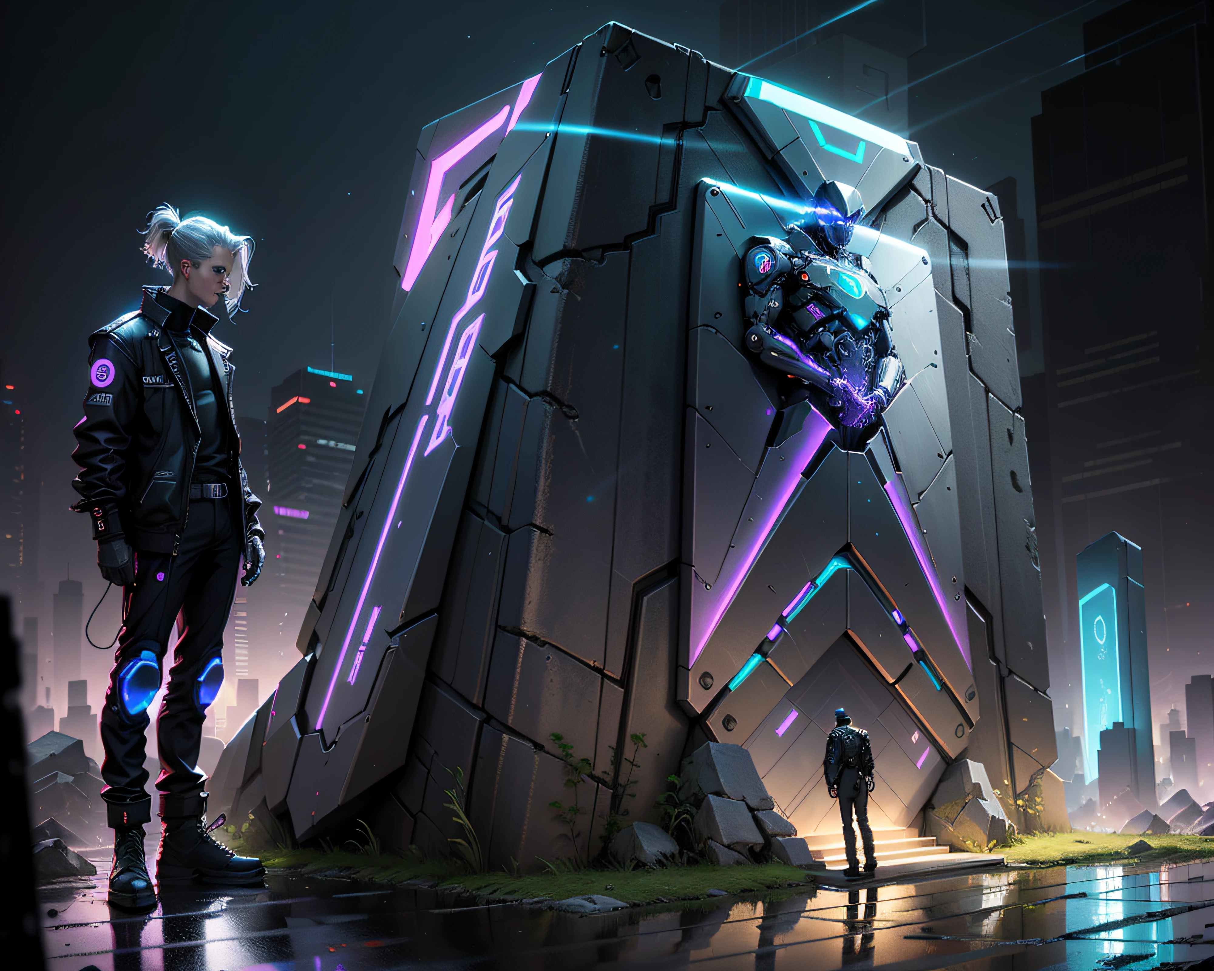 masterpiece,best quality,cyber punk perssonage,A man stands in front of a tombstone,There is a holographic projection between the tombstone and the person,neonlight