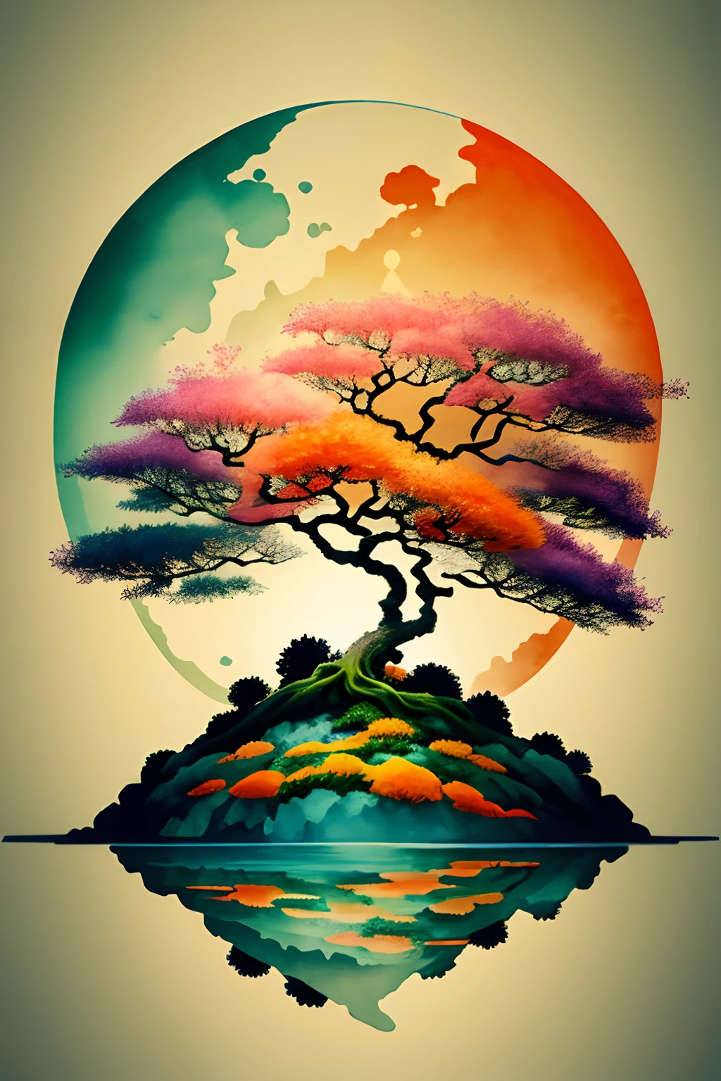 A painting of a tree with a full moon in the background - SeaArt AI