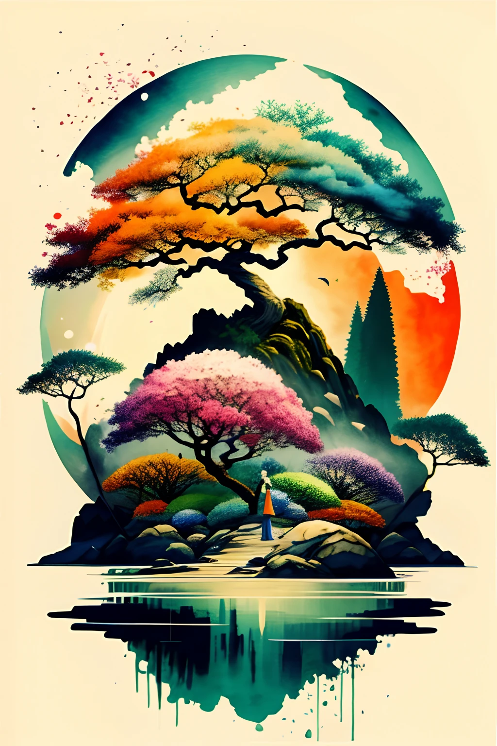 A big tree on a lonely island, lonely,A fairy under a tree,All around is deep blue water ,Countless flowers float on the water,Orange and green watercolor style