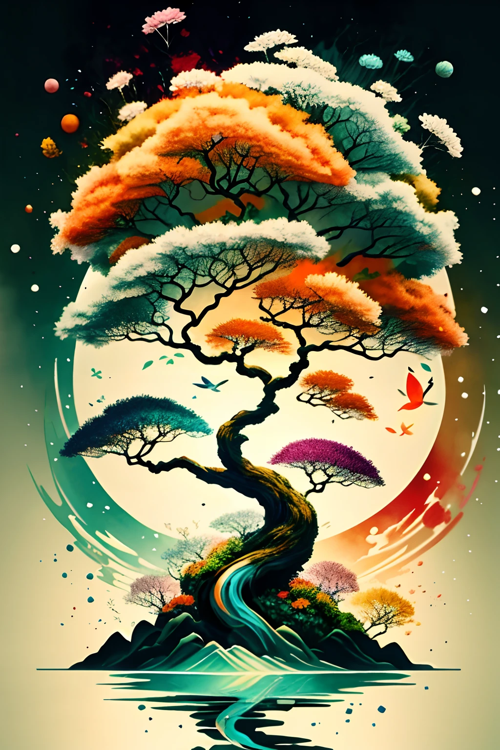 A big tree on a lonely island, lonely，A fairy under a tree，All around is deep blue water ，Countless flowers float on the water，Orange and green watercolor style