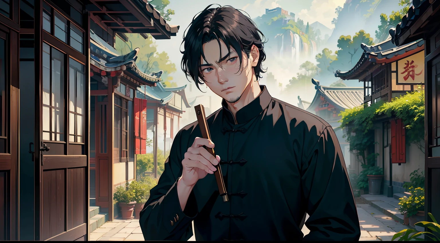 Best quality, masterpiece, an extremely exquisite and beautiful, extremely detailed, CG, 8k wallpaper, best quality, rural China, (a middle-aged man with black hair, black eyes, and black clothes),